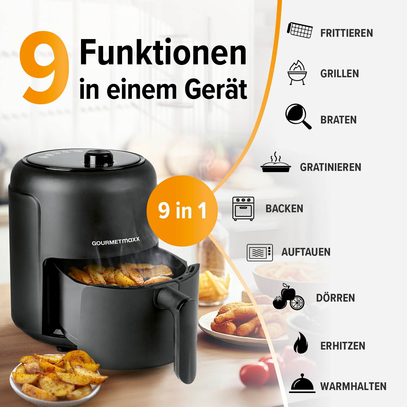 Heißluftfritteuse 2,3l mit 9 Funktionen wie Frittieren, Grillen, Braten, Backen, Dörren und mehr für vielseitiges Garen.