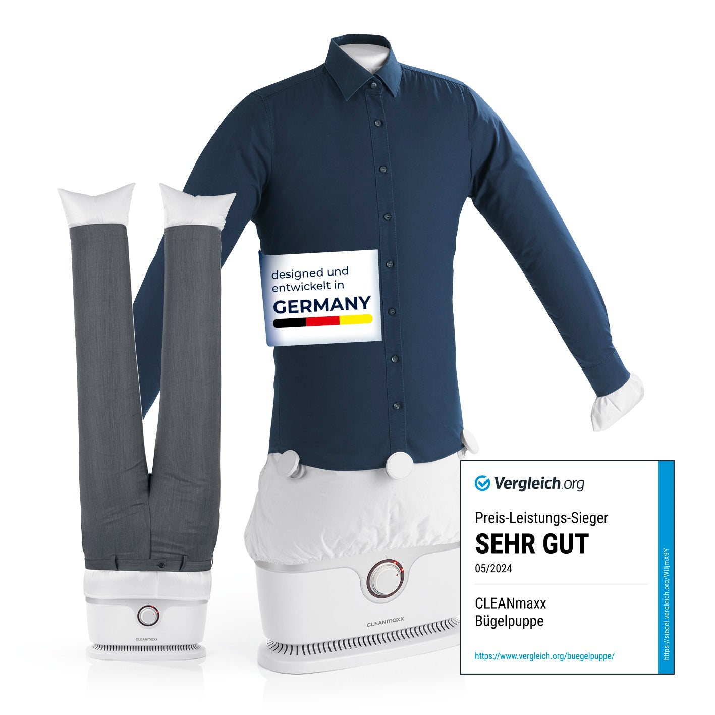 Hemdenbügler PRO mit Hosenaufsatz - Weiß/Silber, vollautomatisch, für faltenfreie Hemden und Hosen in 10 Minuten.