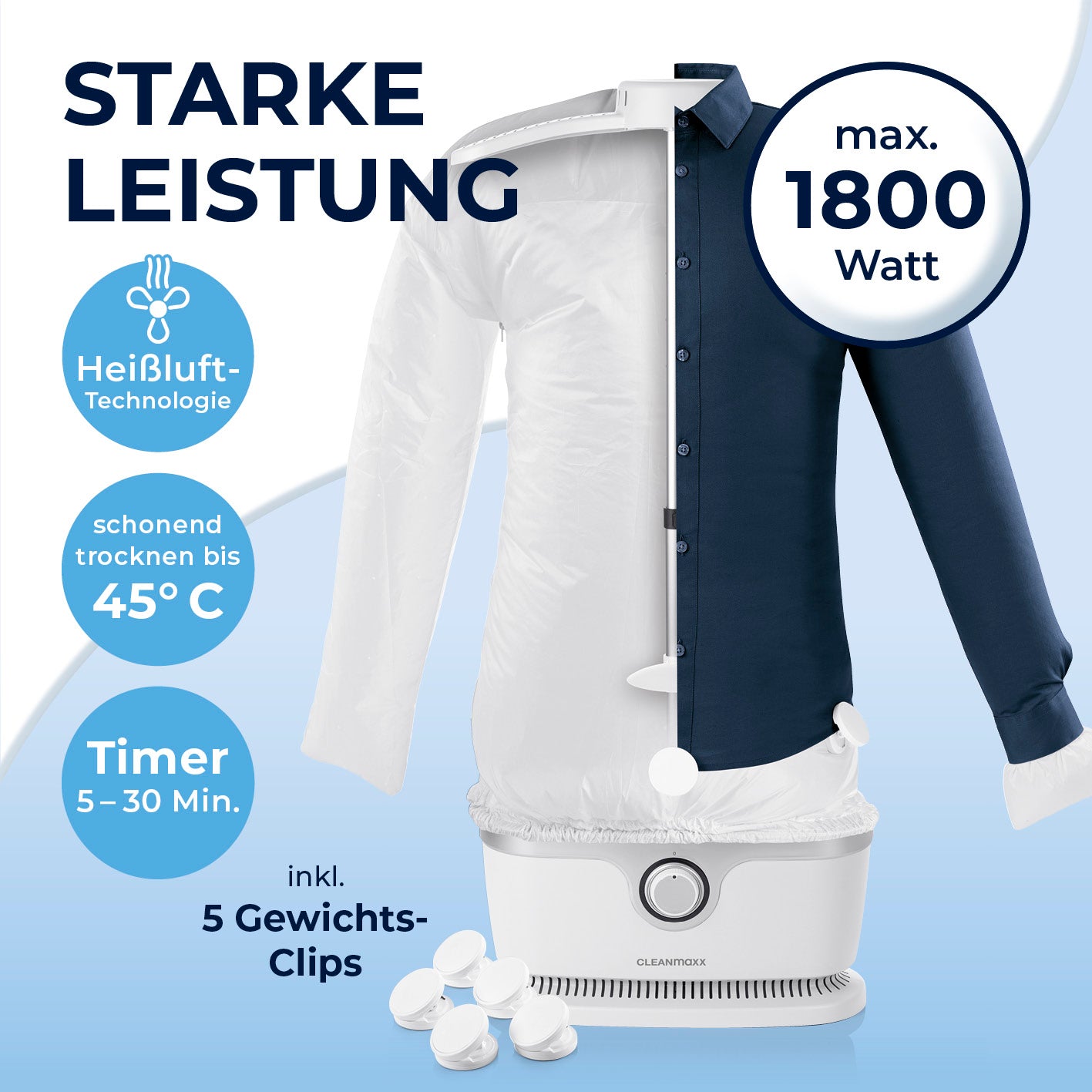 Hemdenbügler PRO mit Hosenaufsatz in Weiß/Silber mit 1800 Watt, Heißluft-Technologie und 5 Gewichts-Clips für schonendes Trocknen.