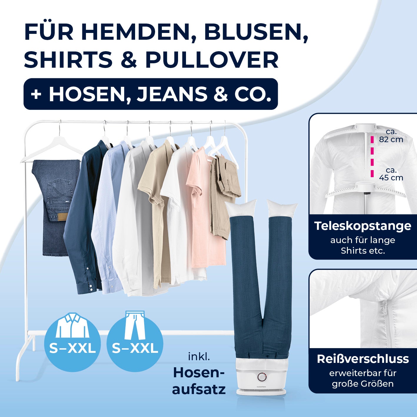 Hemdenbügler PRO mit Hosenaufsatz - Weiß/Silber, für Hemden, Blusen, Hosen, mit Teleskopstange und Reißverschluss-Erweiterung.