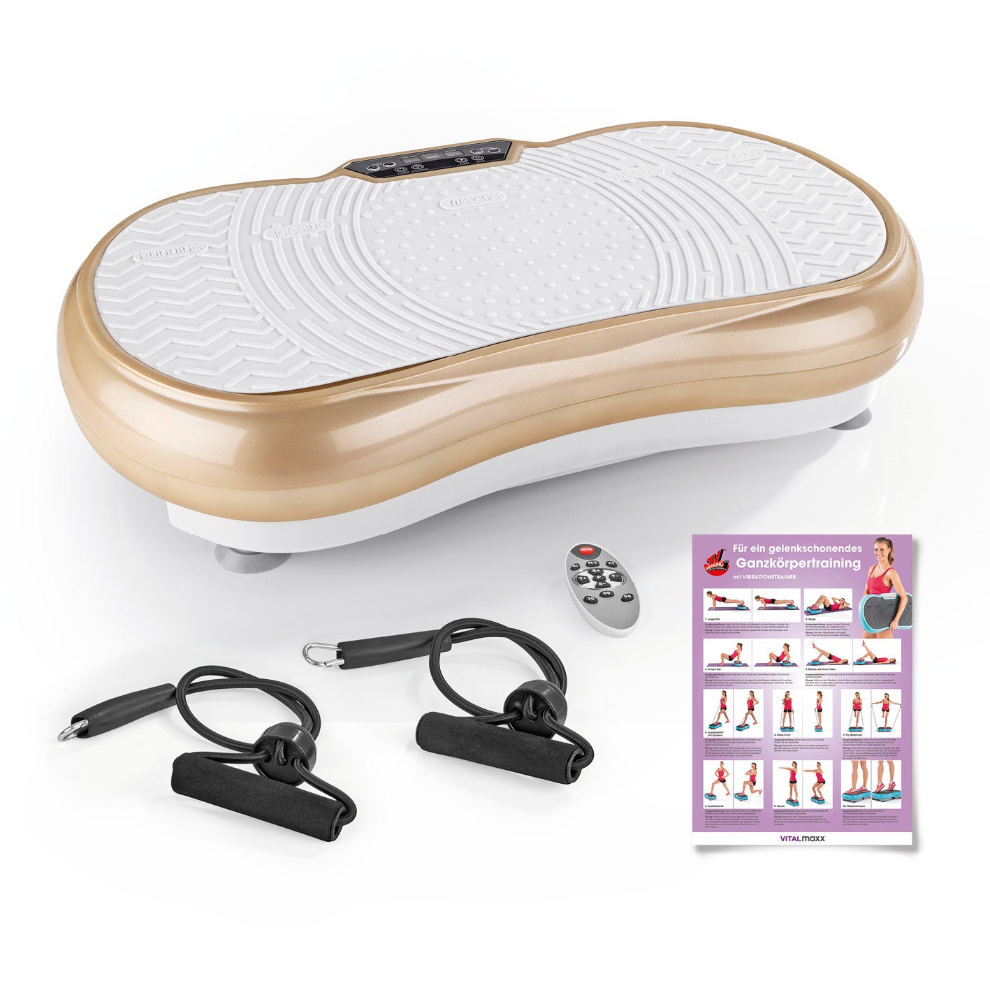 Vibrationstrainer mit Expanderbändern - weiß/champagner, kompaktes Ganzkörpergerät mit 99 Vibrationsstufen und Bedienungsanzeige.