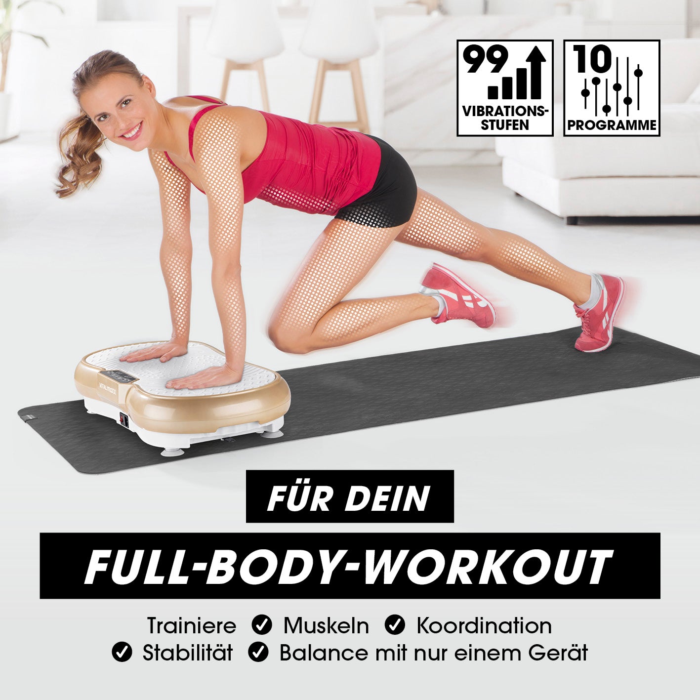 Vibrationstrainer mit Expanderbändern - weiß/champagner für Ganzkörpertraining mit 99 Vibrationsstufen und 10 Programmen zu Hause.