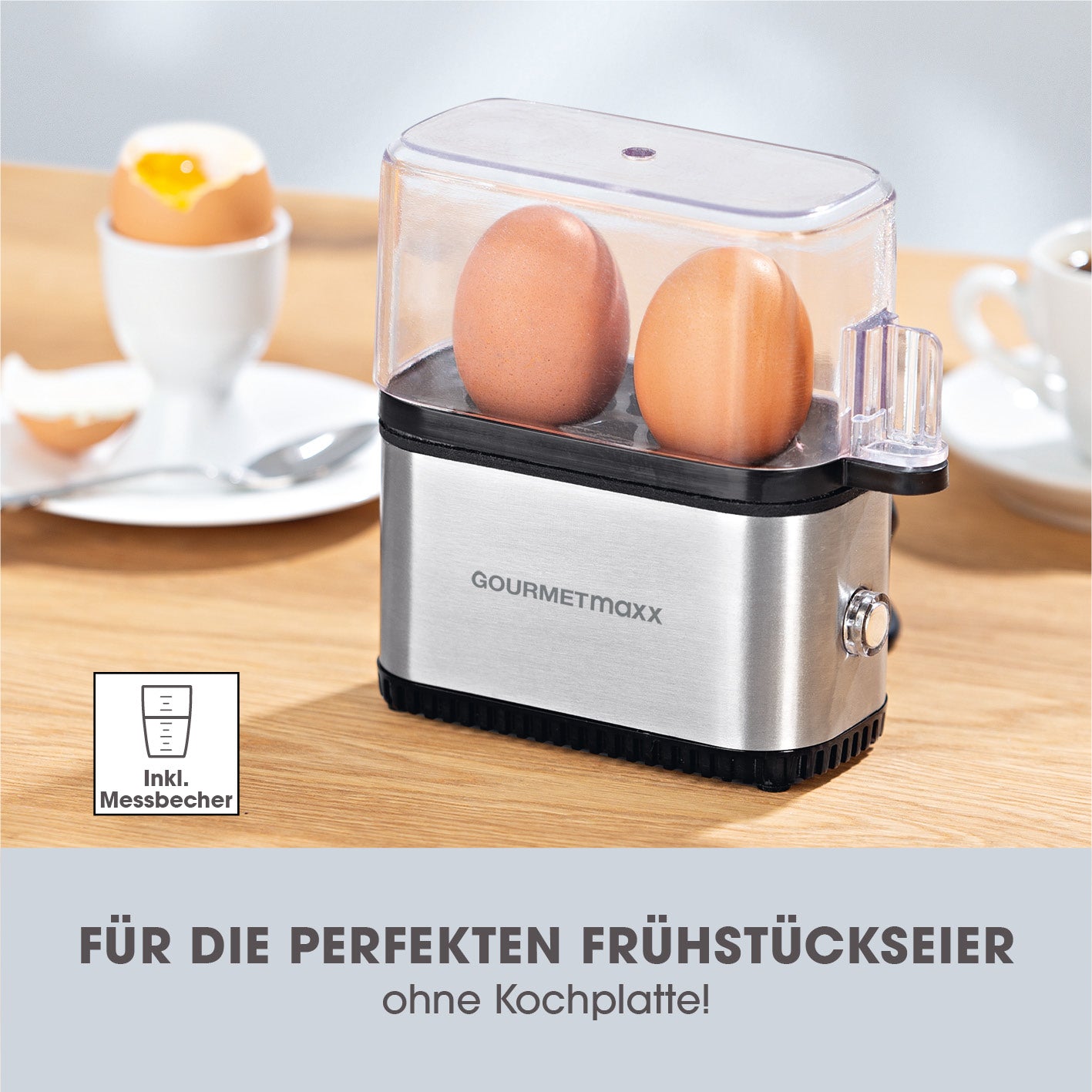 Design-Eierkocher 2 Eier - Edelstahl, kompakt, mit Messbecher für perfekte Eier ohne Herd, platzsparend und leicht zu reinigen.