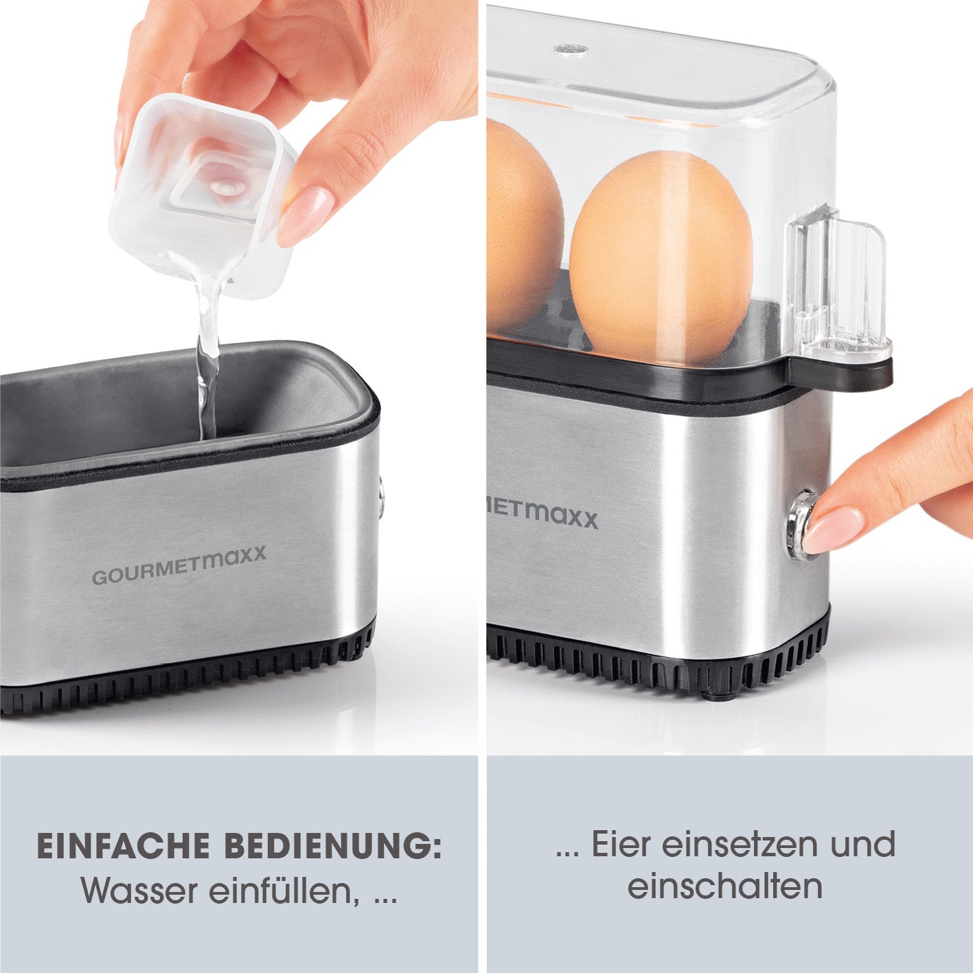 Design-Eierkocher 2 Eier - Edelstahl mit einfachem Wasserauffüllen und Einschaltknopf für perfekte Eier ohne Herd.