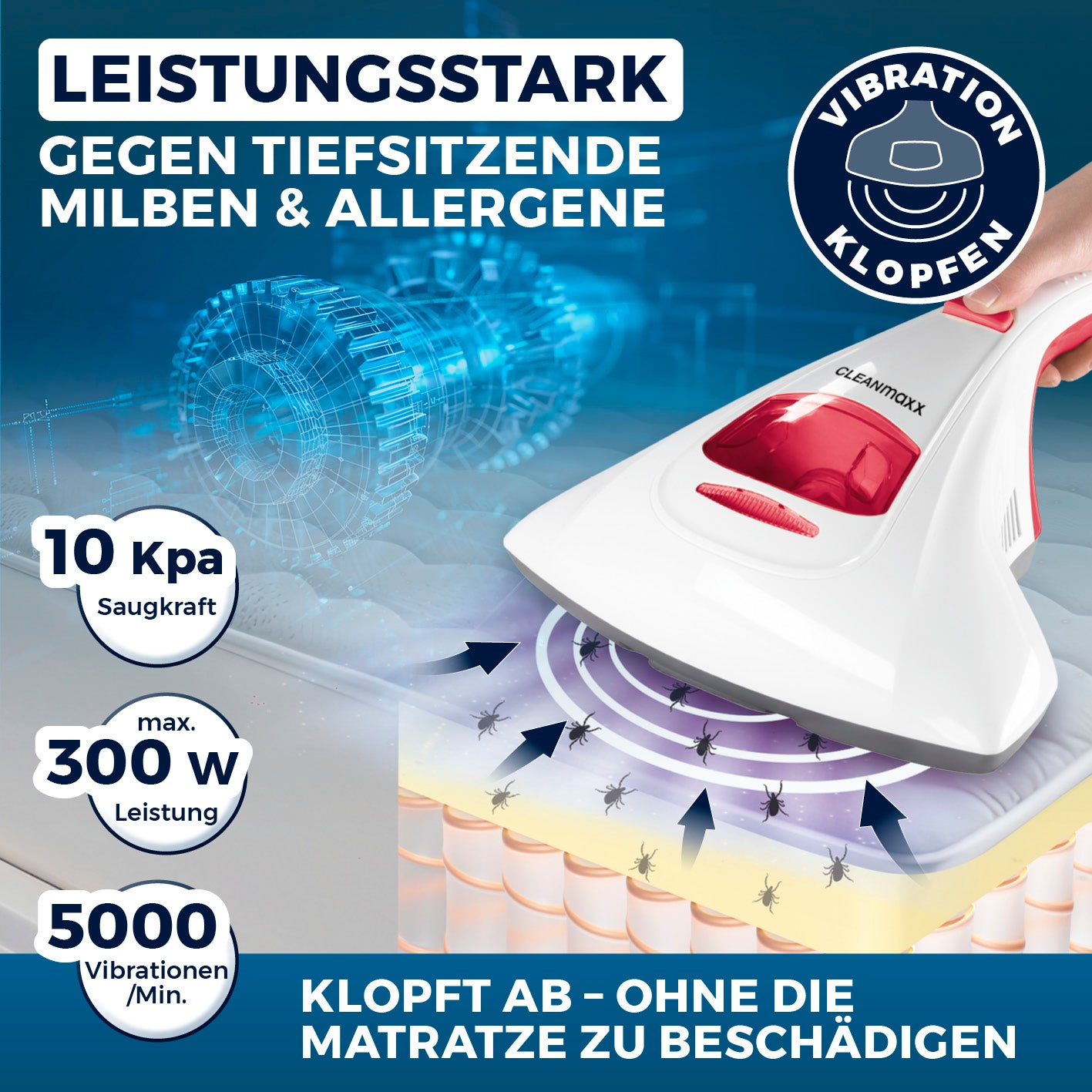 Milbensauger Vibration + 2 EPA-Filter - Weiß/Rot mit 10 kPa Saugkraft und 5000 Vibrationen/min gegen Milben und Allergene.
