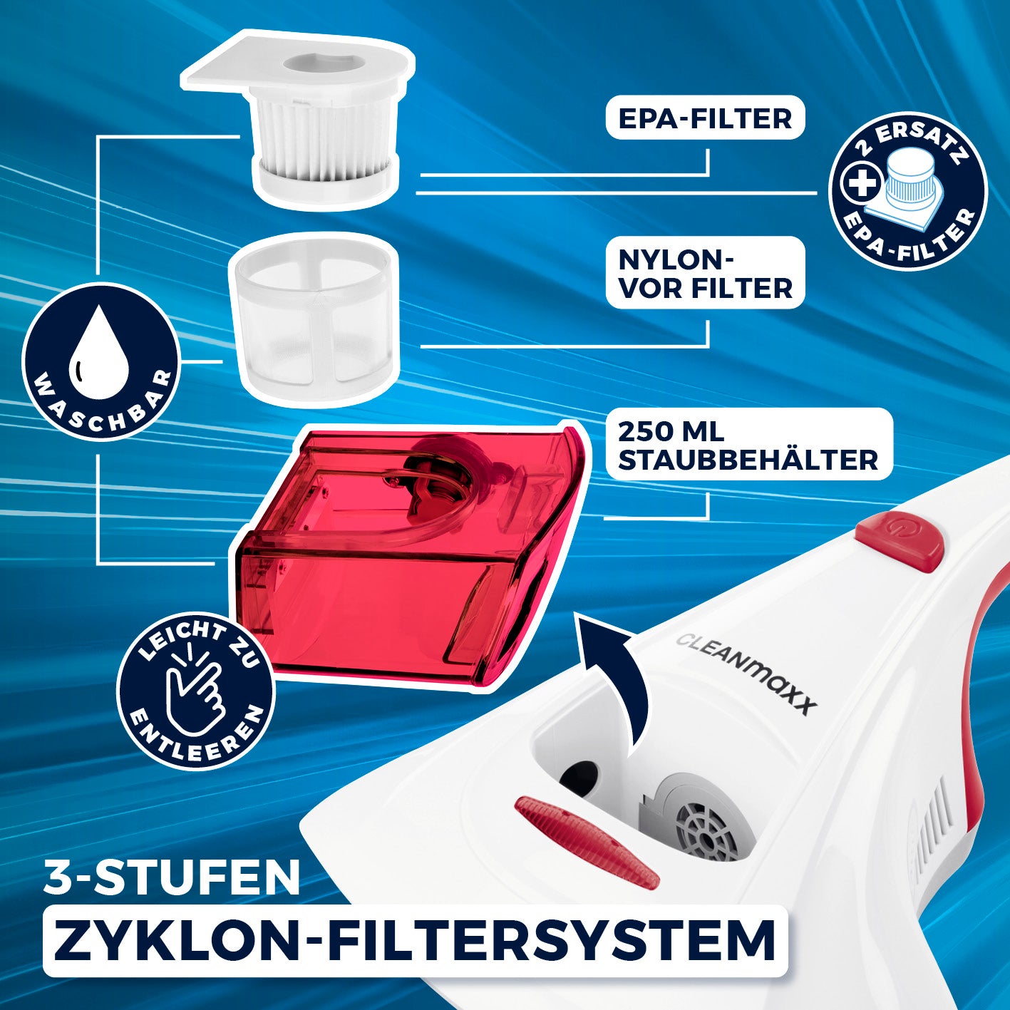Milbensauger Vibration + 2 EPA-Filter - Weiß/Rot mit 3-Stufen Zyklon-Filtersystem, waschbaren Filtern und 250 ml Staubbehälter.