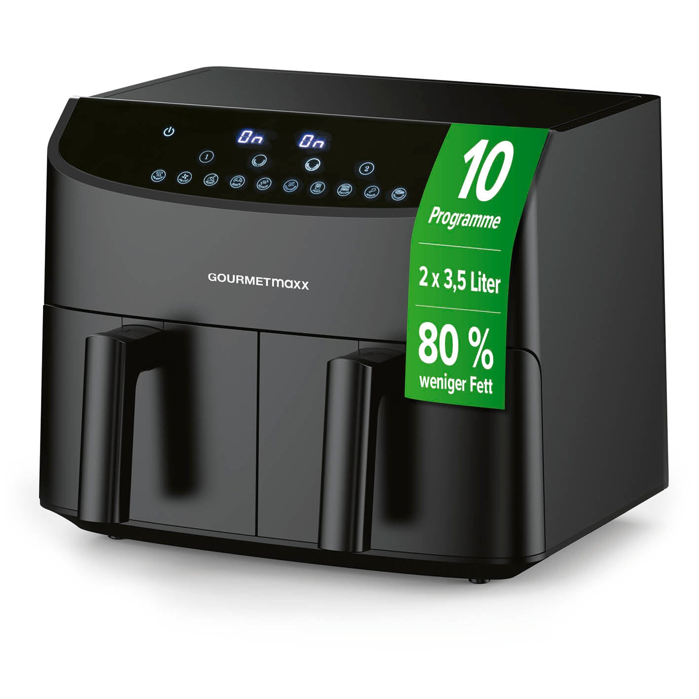 Doppelkammer-Heißluftfritteuse - 2 x 3,5 L mit Touchdisplay, 10 Programmen und 80 % weniger Fett für fettarmes Frittieren.