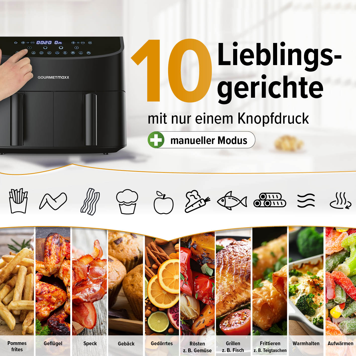 Doppelkammer-Heißluftfritteuse - 2 x 3,5 L mit 10 Programmen für fettarmes Frittieren und schnelle Zubereitung beliebter Gerichte.