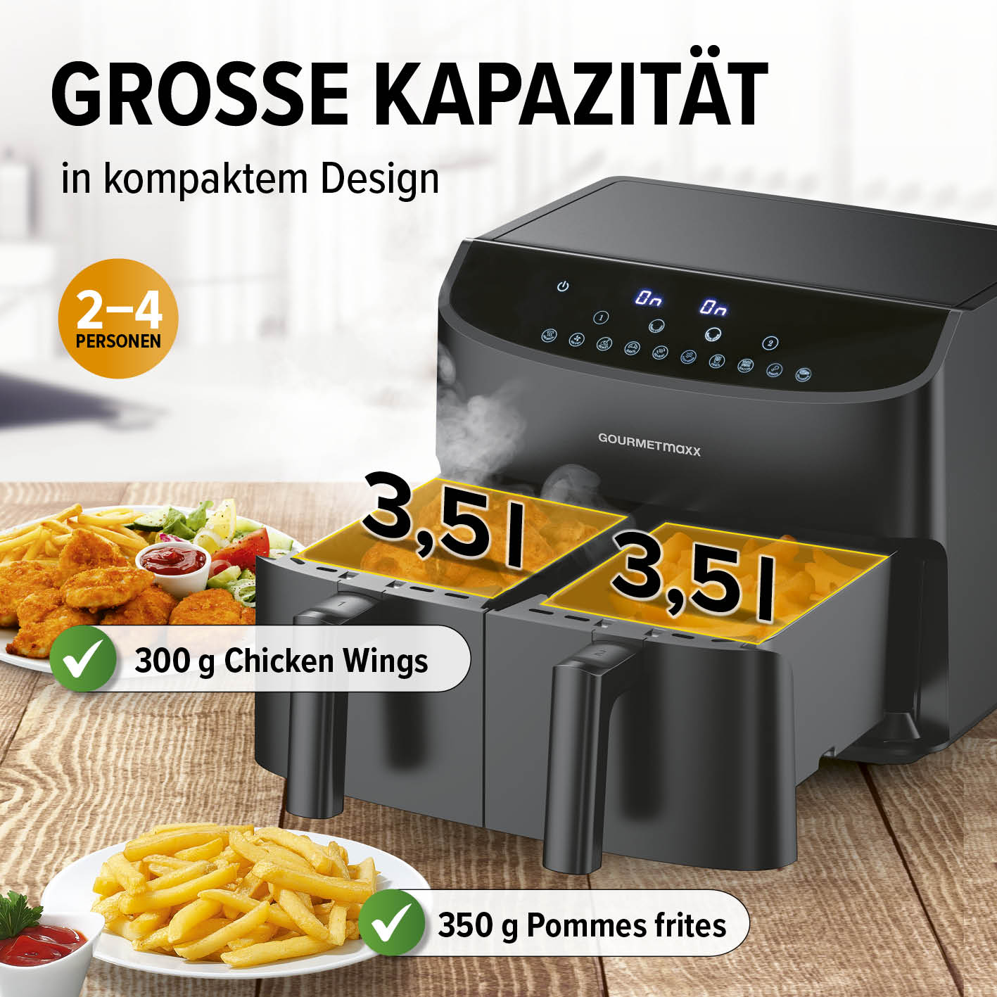 Doppelkammer-Heißluftfritteuse - 2 x 3,5 L mit großem Fassungsvermögen und zwei unabhängigen Garzonen für fettarmes Frittieren.