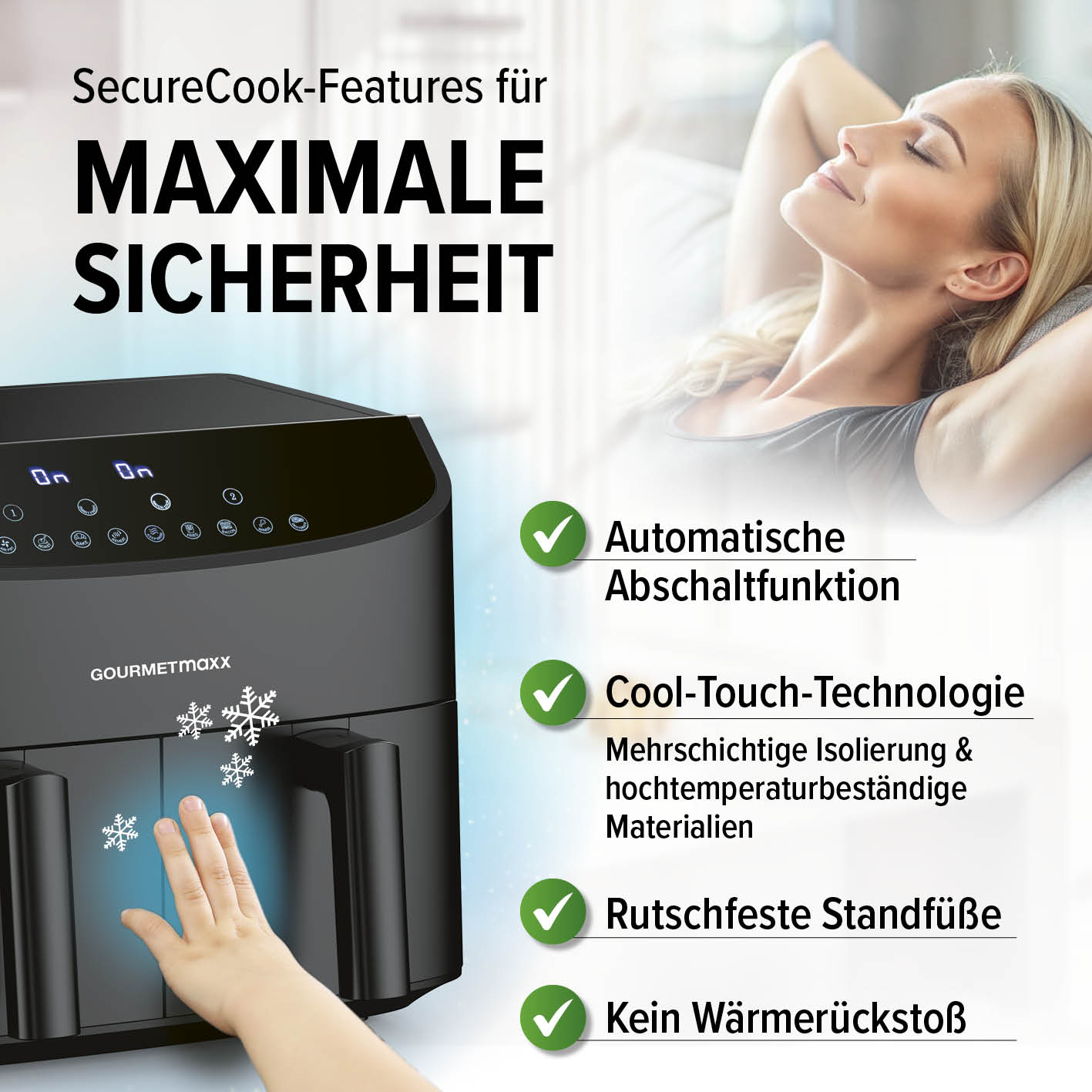 Doppelkammer-Heißluftfritteuse - 2 x 3,5 L mit SecureCook-Features für maximale Sicherheit und Cool-Touch-Technologie.