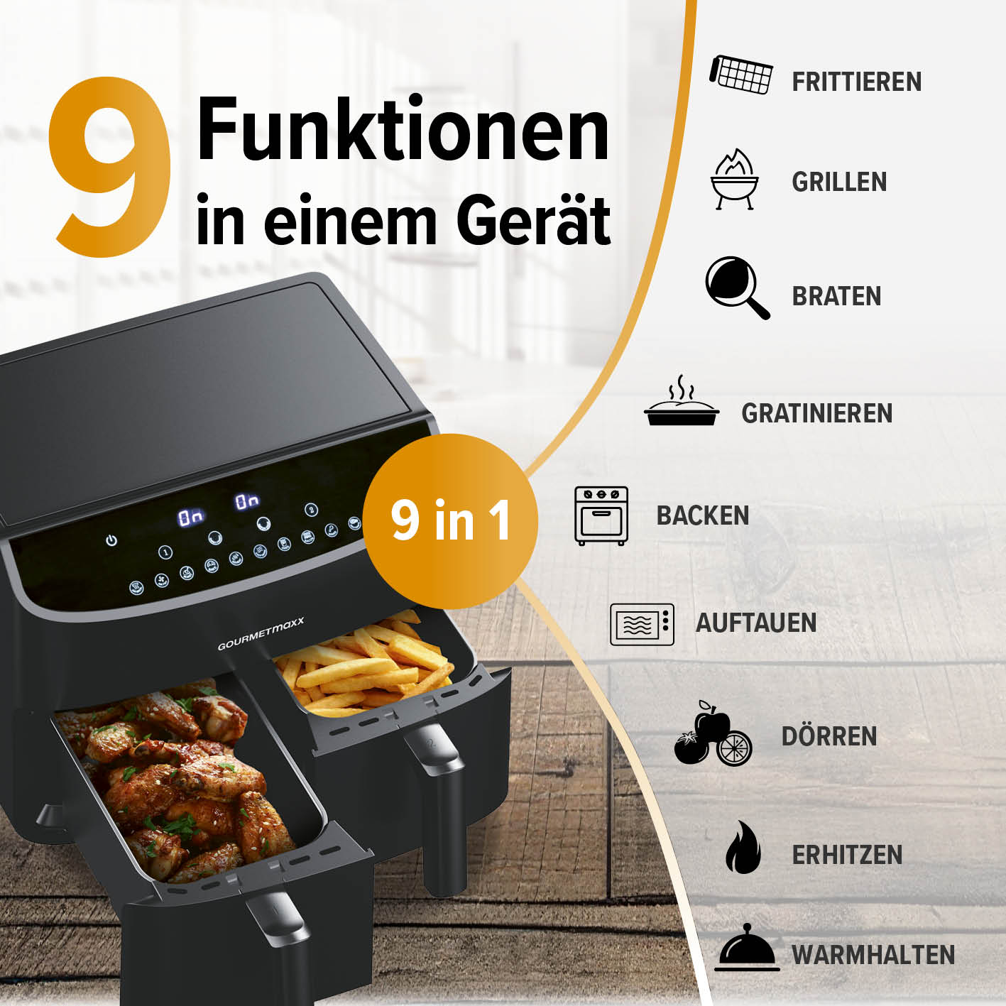Doppelkammer-Heißluftfritteuse - 2 x 3,5 L mit 9 Funktionen für fettarmes Frittieren, Grillen, Braten, Backen, Dörren und mehr.