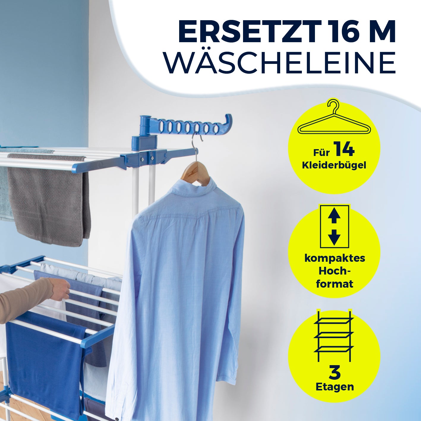 Wäsche-Tower 1600 mit 16 m Trockenlänge, 3 Etagen, Platz für 14 Kleiderbügel, kompakt und platzsparend im Hochformat.