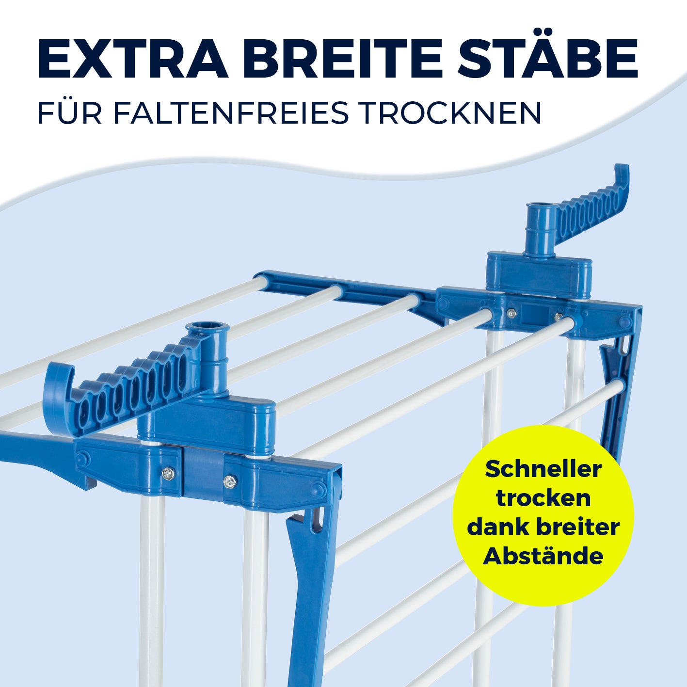 Wäsche-Tower 1600 mit extra breiten Stäben für faltenfreies Trocknen und schnelleres Trocknen durch breite Abstände.