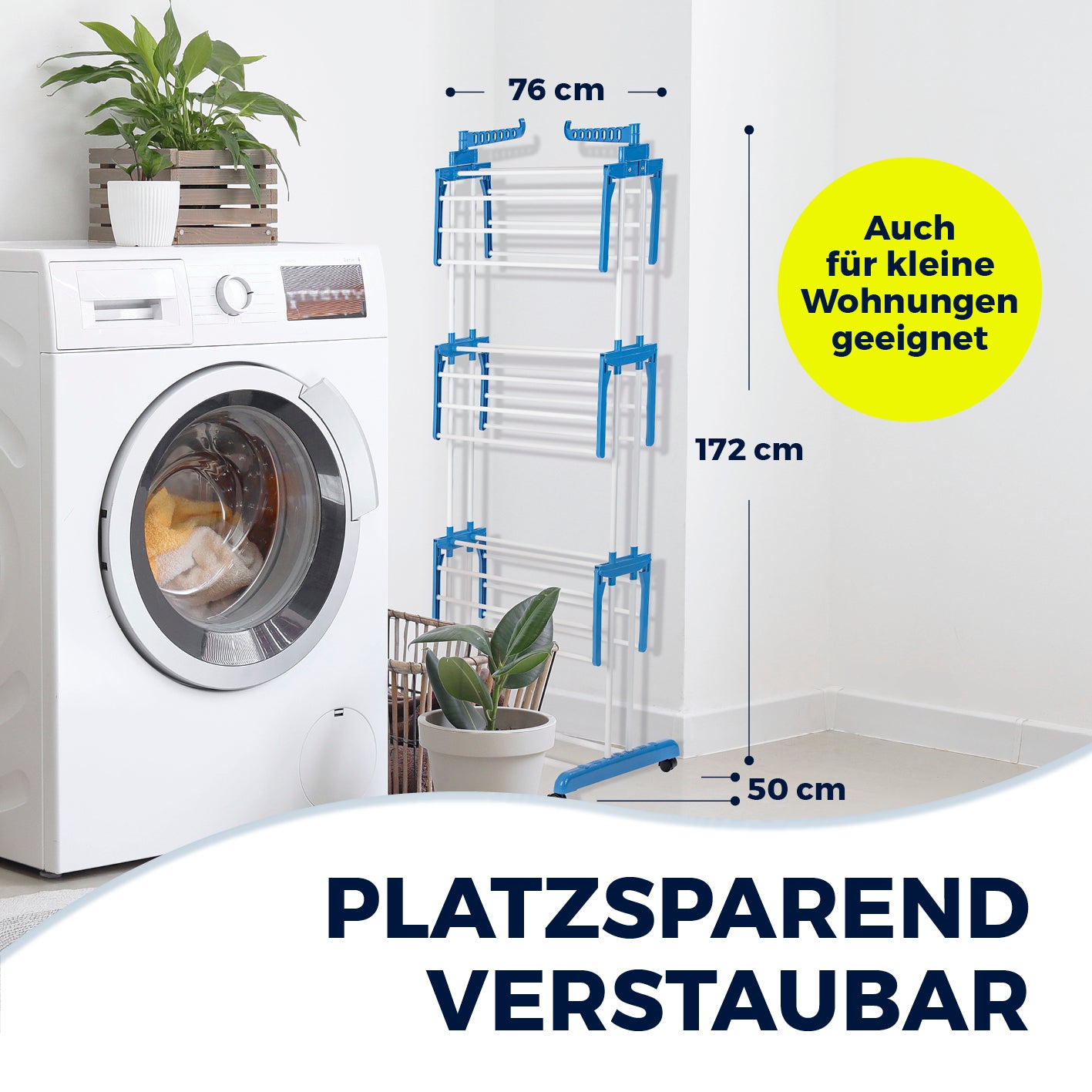 Wäsche-Tower 1600 platzsparend und verstaubar, 76x50x172 cm, klappbar, ideal für kleine Wohnungen und einfache Nutzung.