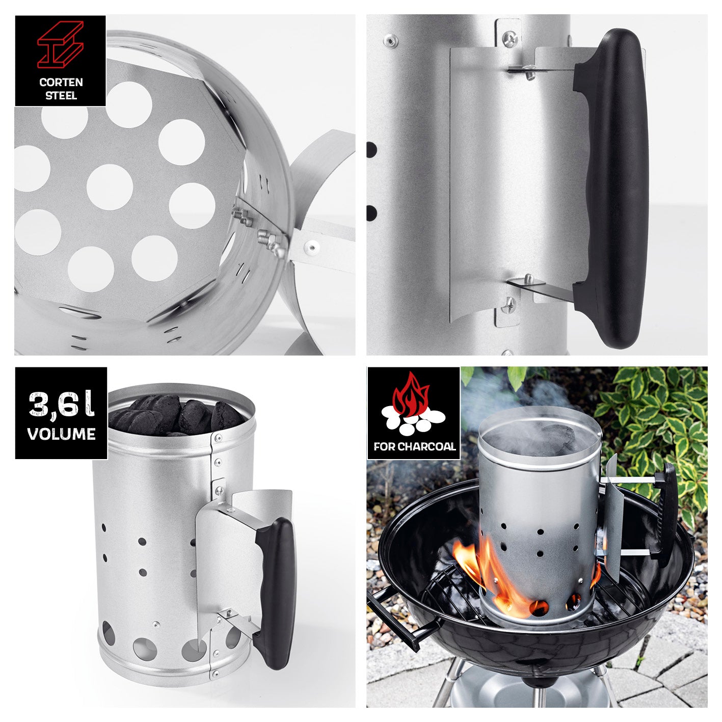 Anzündkamin - 27 x 16,5 cm - Edelstahl/schwarz mit Sicherheitsgriff und Hitzeschild zum schnellen Durchglühen von Holzkohle.