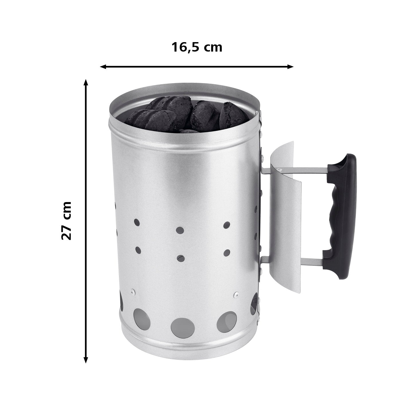 Anzündkamin - 27 x 16,5 cm - Edelstahl/schwarz mit Sicherheitsgriff und Hitzeschild für schnelles Durchglühen der Holzkohle.