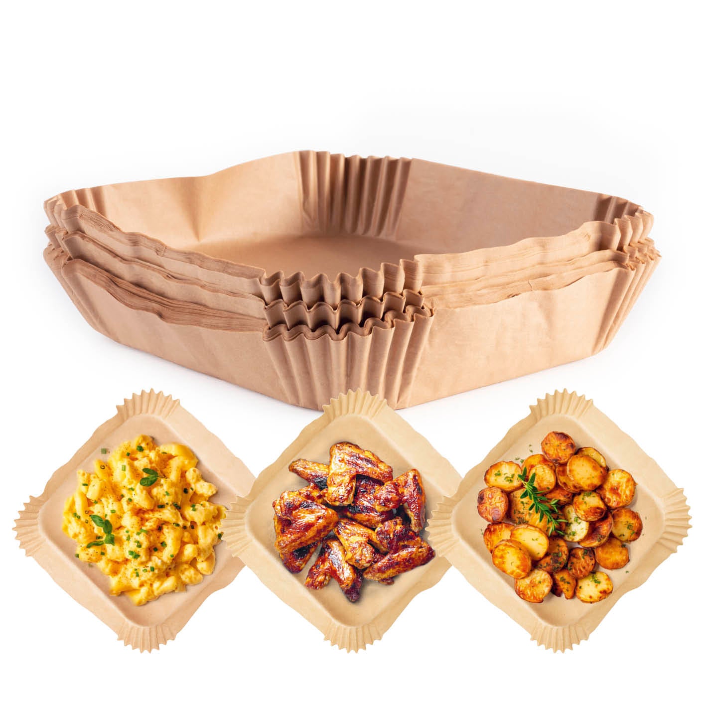 Backpapier Schalen für Heißluft-Fritteusen - 100er-Set mit hohem Rand, gebrauchsfertig für einfache, kreative und saubere Zubereitung.