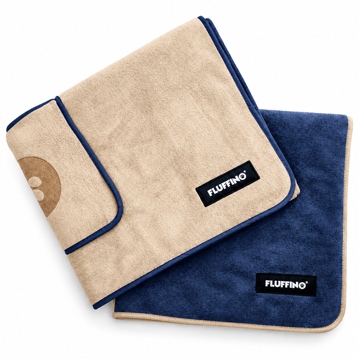 Hundehandtuch Mikrofaser – 2er-Pack - 90 x 50 cm - Beige & Blau zwei weiche Handtücher auf weißem Hintergrund