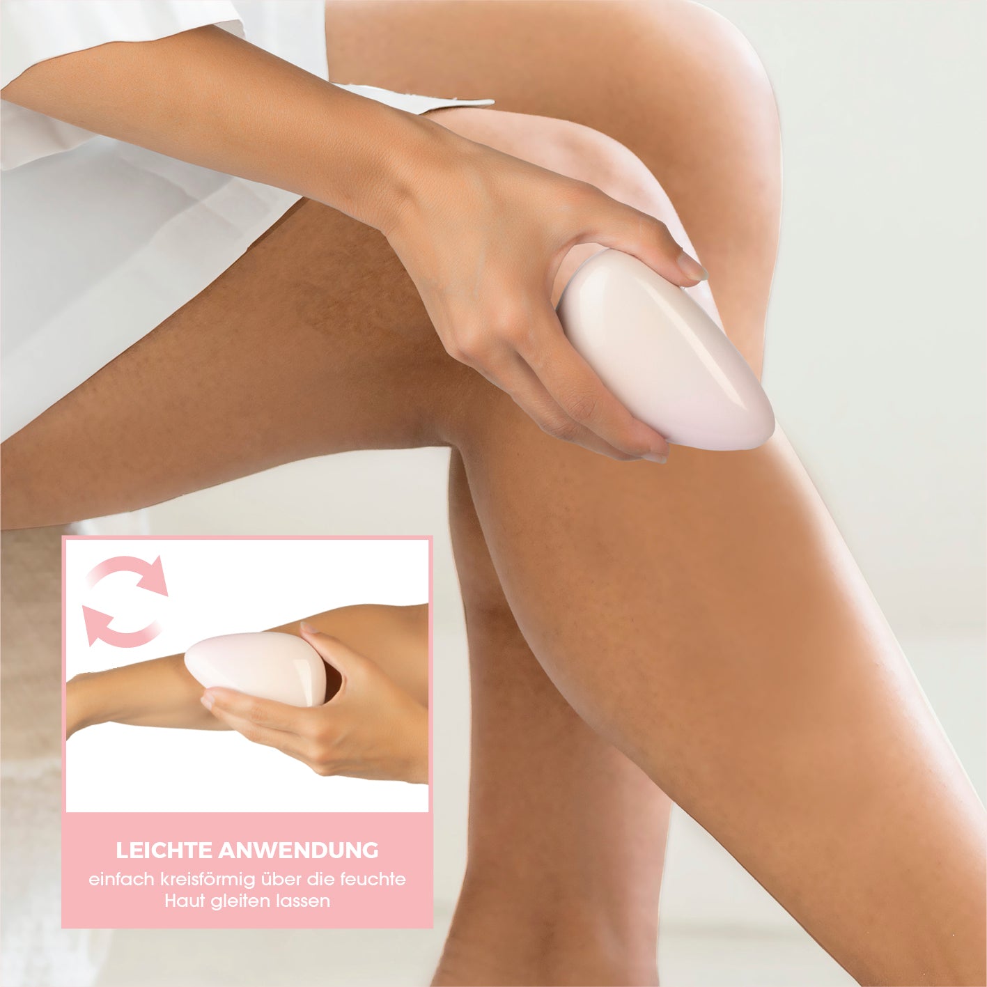 Haarentferner Nano-Glas - altrosa in Galerieposition 5 zeigt Anwendung in kreisenden Bewegungen auf Beinoberfläche.