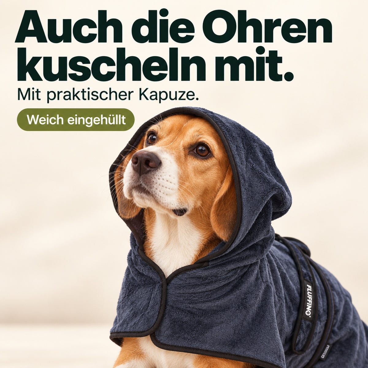 Hundebademantel - Größe S - beige/blau mit praktischer Kapuze für weich eingehüllte Hunde