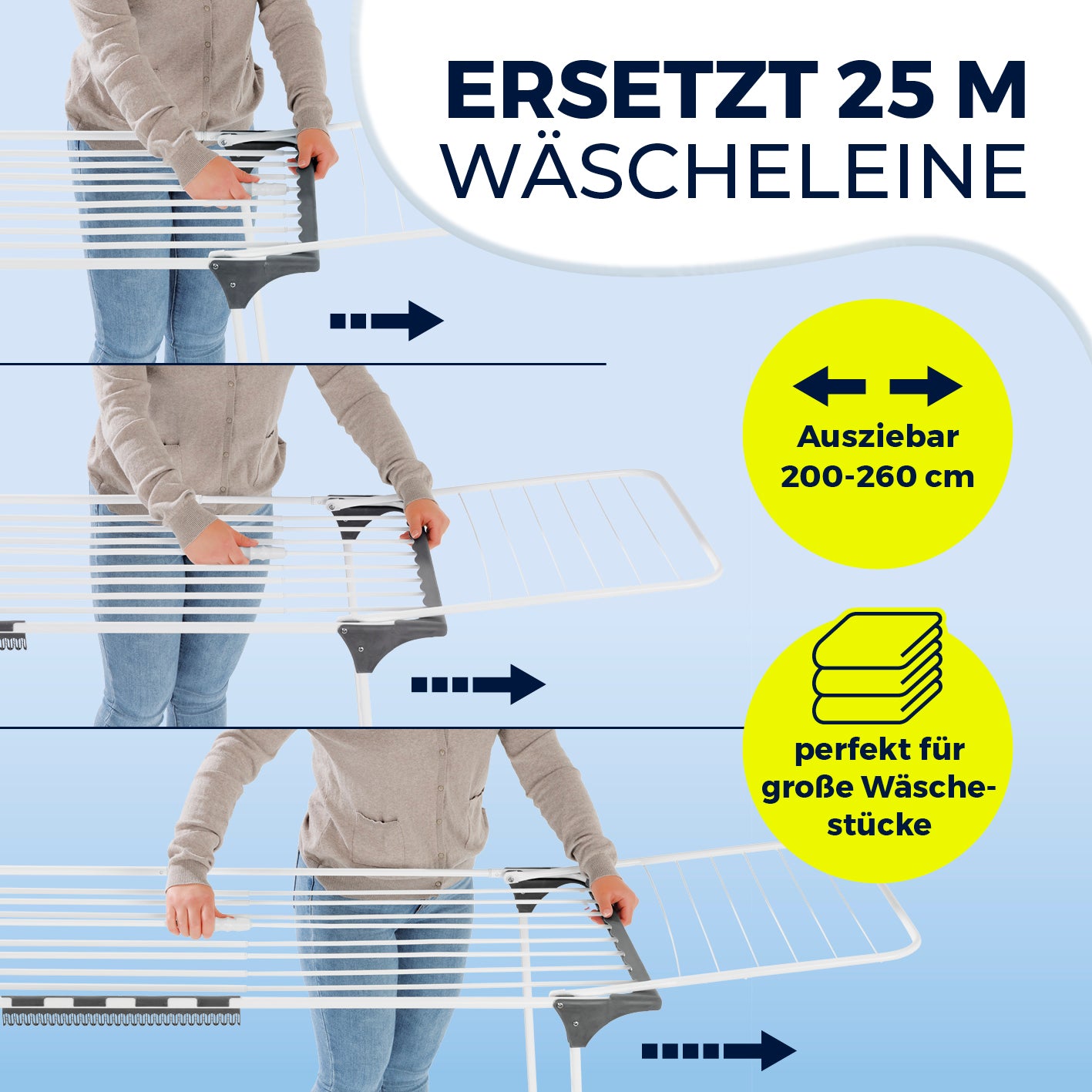 Falt-Wäscheständer 2500 mit 25 m Trockenlänge, ausziehbar 200-260 cm, ideal für große Wäschestücke und platzsparend klappbar.