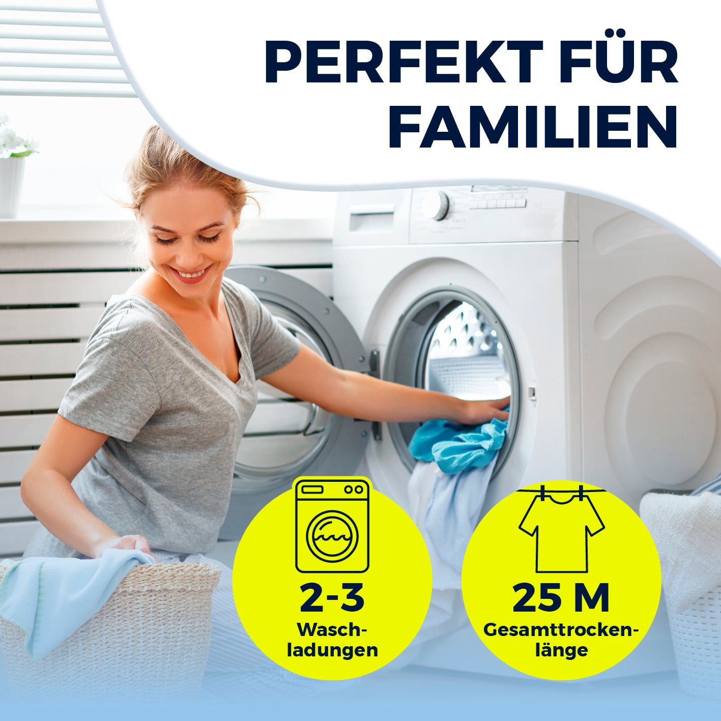 Falt-Wäscheständer 2500 mit 25 m Trockenlänge, für 2-3 Waschladungen, ideal für Familien, robust, ausziehbar und rollbar.
