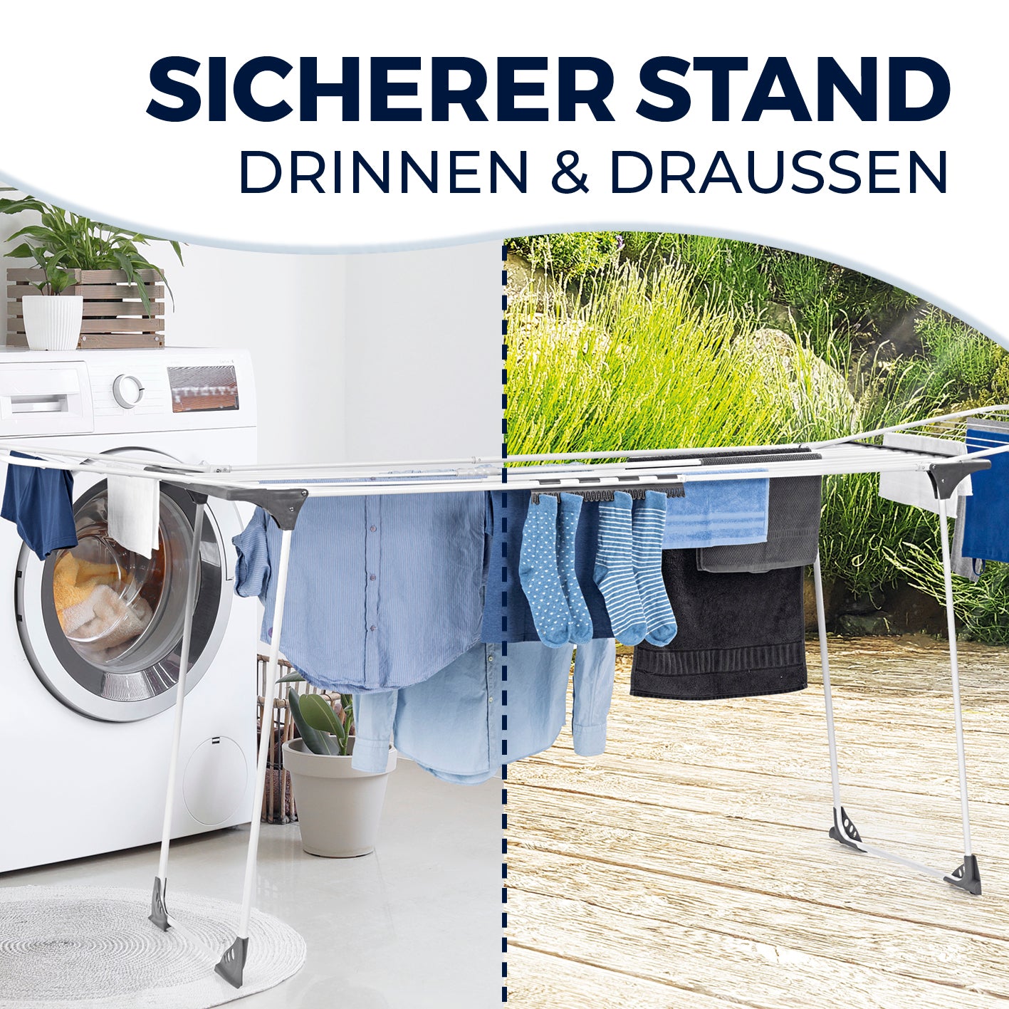 Falt-Wäscheständer 2500 mit sicherem Stand für drinnen und draußen, klappbar, rollbar und wetterfest, ideal für große Wäschestücke.