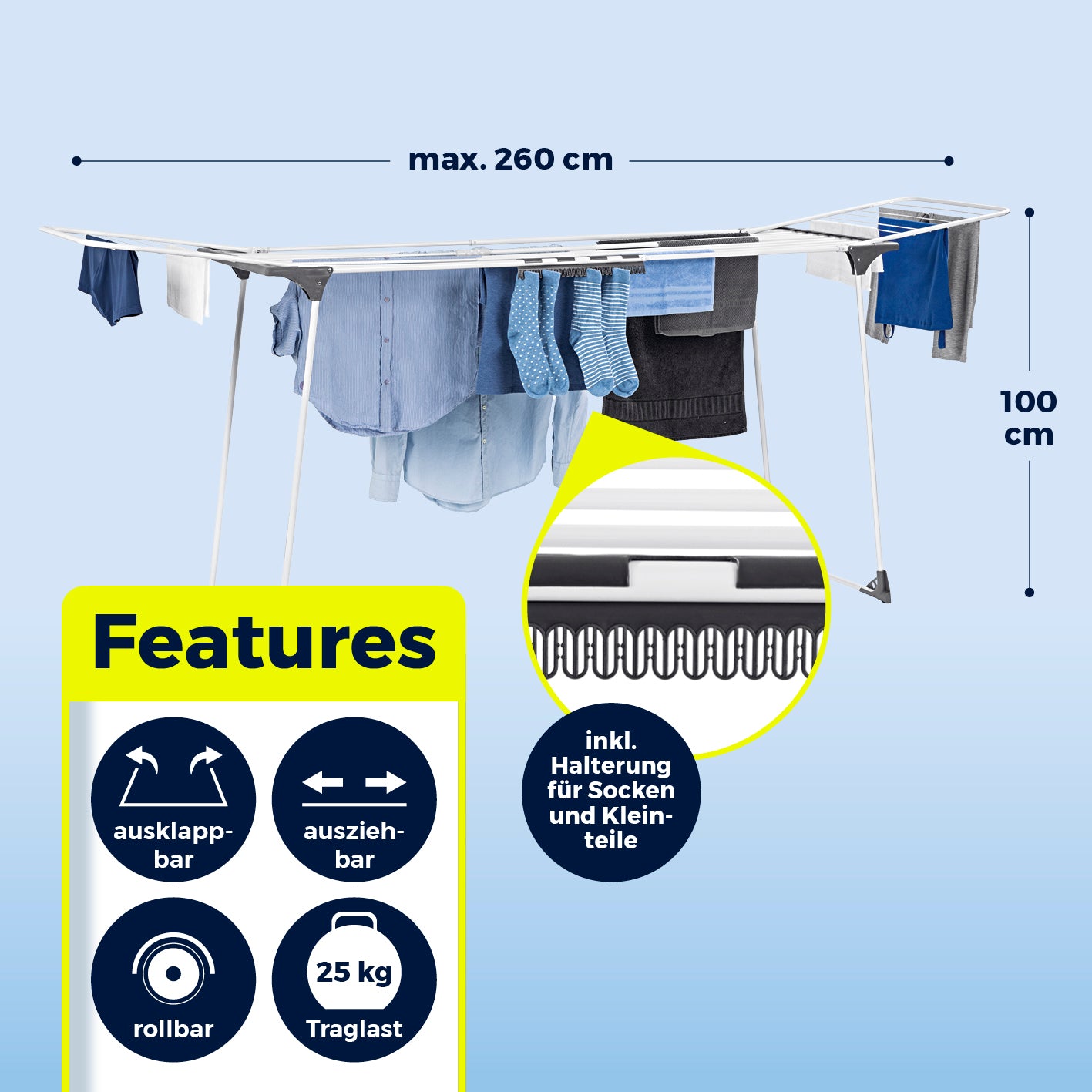 Falt-Wäscheständer 2500, klappbar, rollbar, ausziehbar bis 260 cm, 25 kg Traglast, mit Halterung für Socken und Kleinteile.