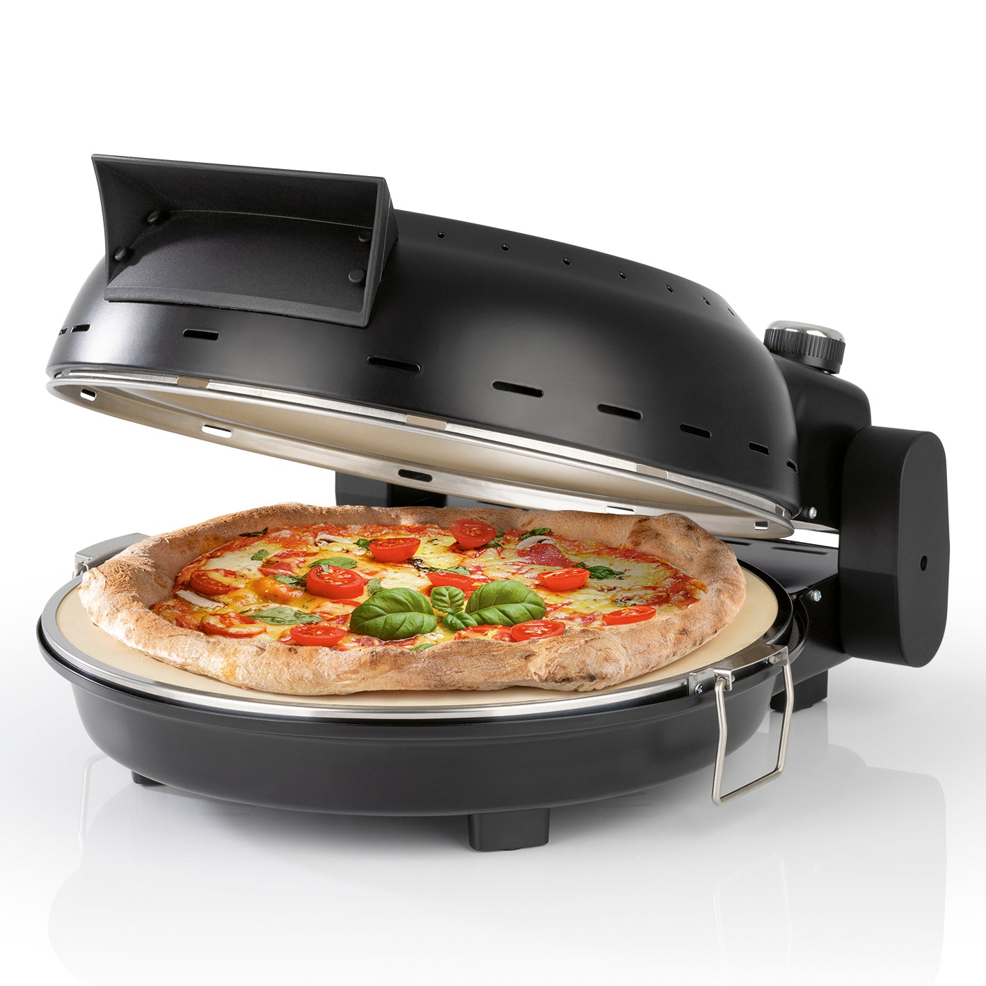 Pizza Maker mit Temperatureinstellung inkl. herausnehmbarem Pizzastein in schwarz matt mit frischer, knuspriger Pizza im Ofen.