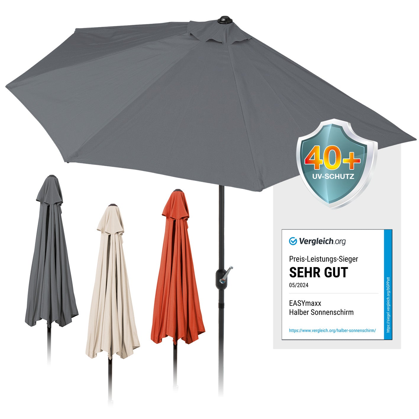 EASYmaxx Sonnenschirm - halbrund, grau, platzsparend, mit UV-Schutz 40+, wetterfest und mit praktischer Handkurbel zum Öffnen.