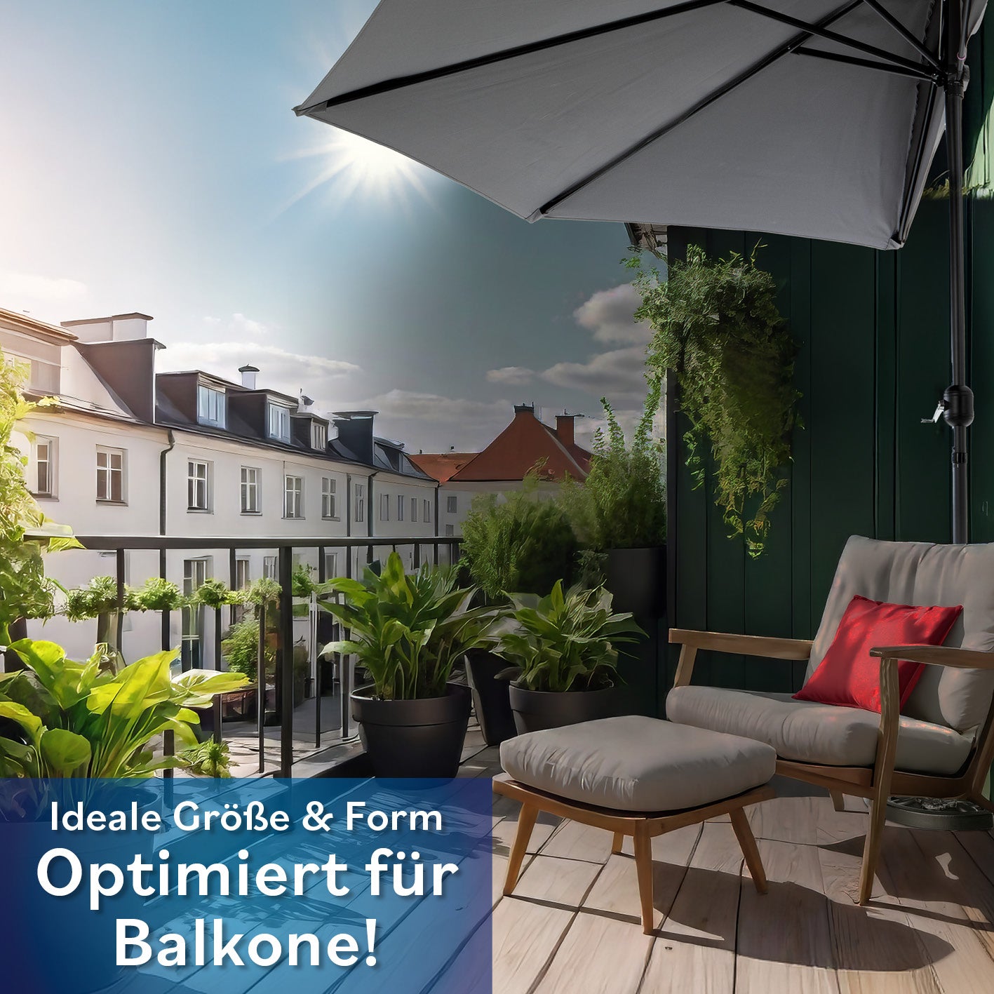 EASYmaxx Sonnenschirm - halbrund, grau, platzsparend für Balkon, mit UV-Schutz 40+ und wetterfest, perfekt für kleine Räume.
