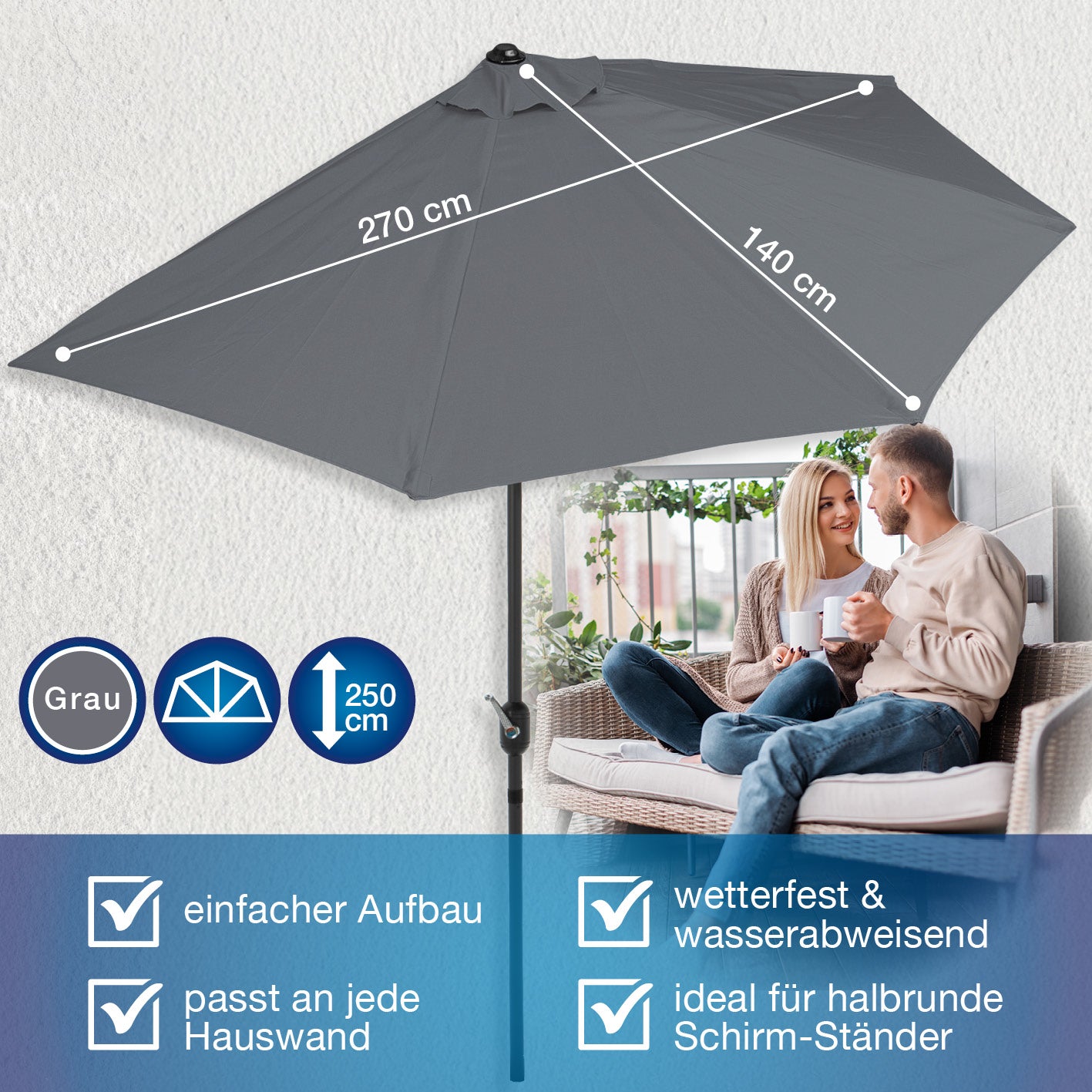 EASYmaxx Sonnenschirm - halbrund, grau, 270x140 cm, platzsparend, wetterfest, UV-Schutz 40+, direkt an der Wand platzierbar.