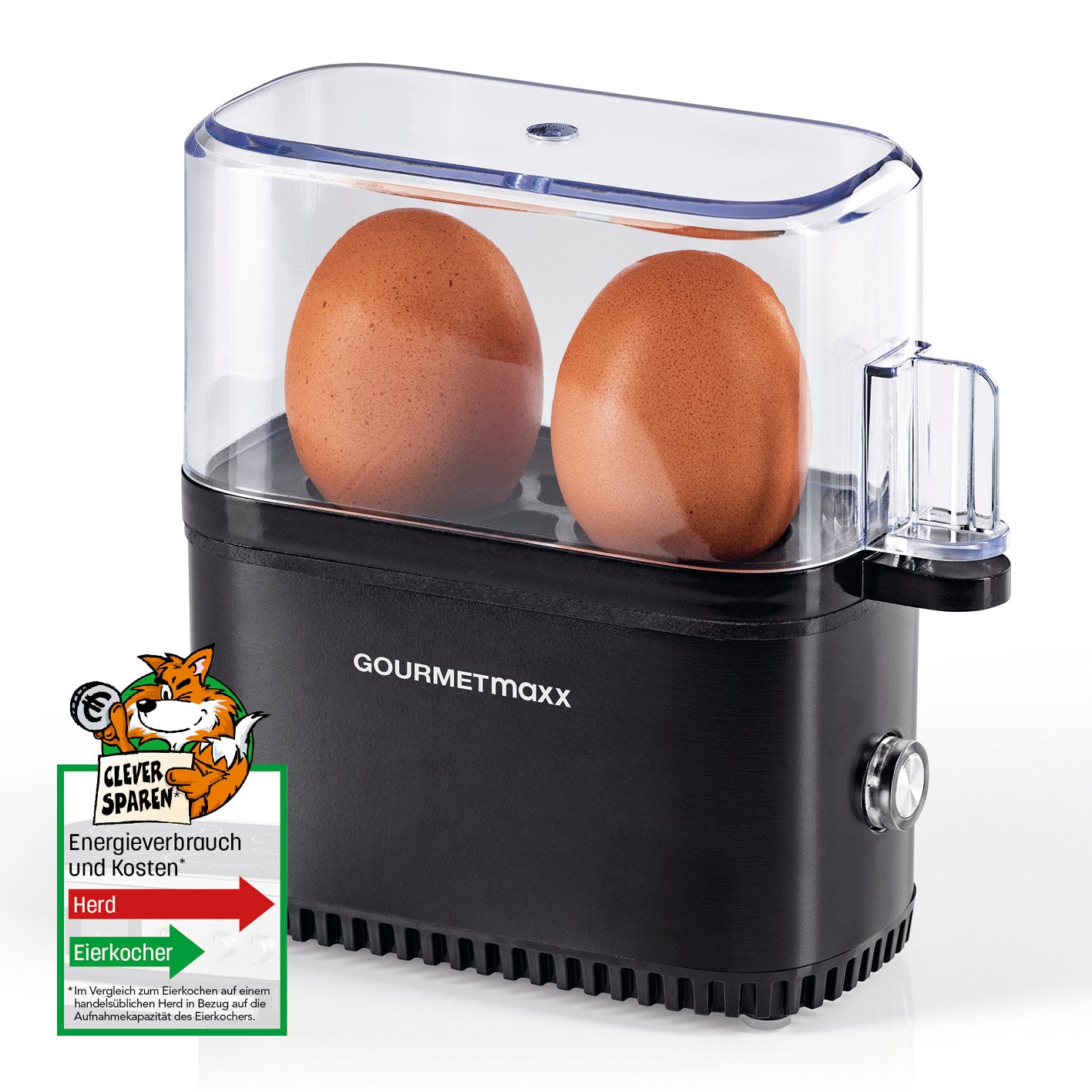 Design-Eierkocher 2 Eier - Schwarz mit integriertem Eierstecher, kompakt und ideal für perfektes Eierkochen zu Hause und unterwegs.