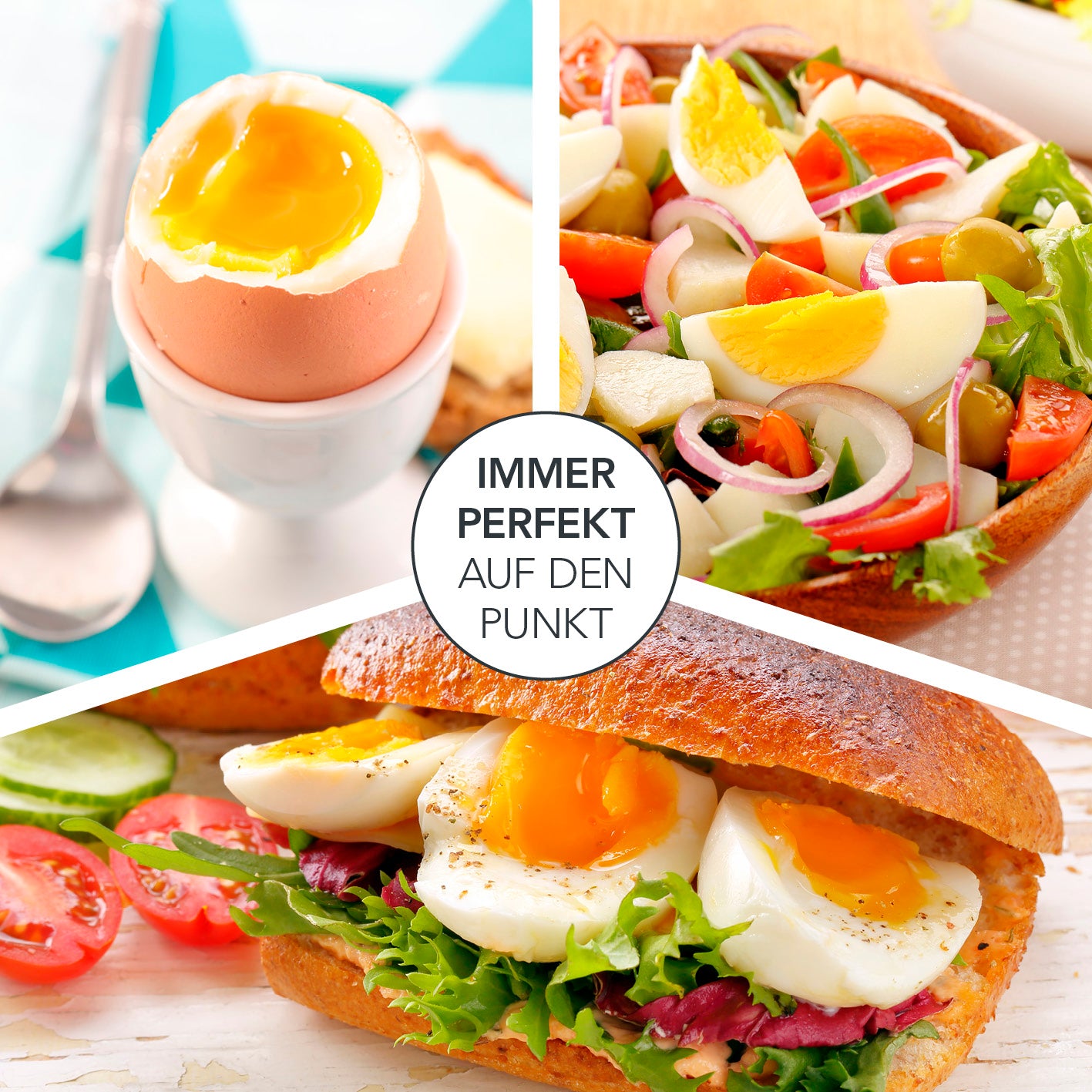Design-Eierkocher 2 Eier - Schwarz zeigt perfekt gekochte Eier als Frühstücksei, im Salat und auf einem Sandwich.