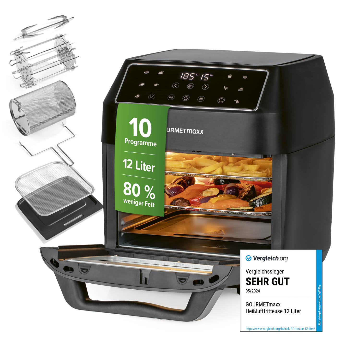 Digitale Heißluftfritteuse - 12 l mit 10 Programmen, großem Fassungsvermögen und fettarmem Garen für vielfältige Gerichte