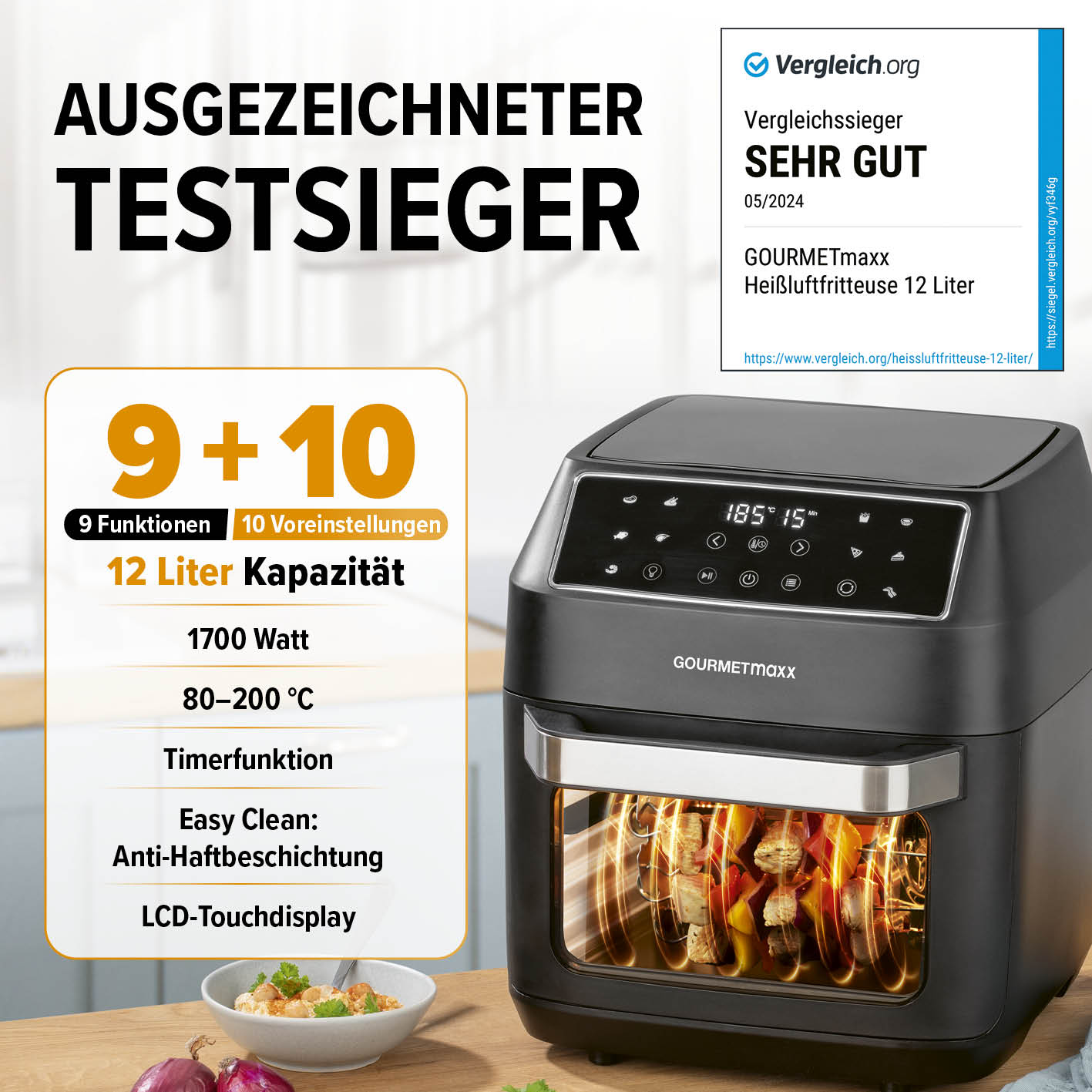Digitale Heißluftfritteuse - 12 l mit 9 Funktionen, 10 Programmen, 1700 W Leistung und LCD-Touchdisplay für fettarmes Frittieren.
