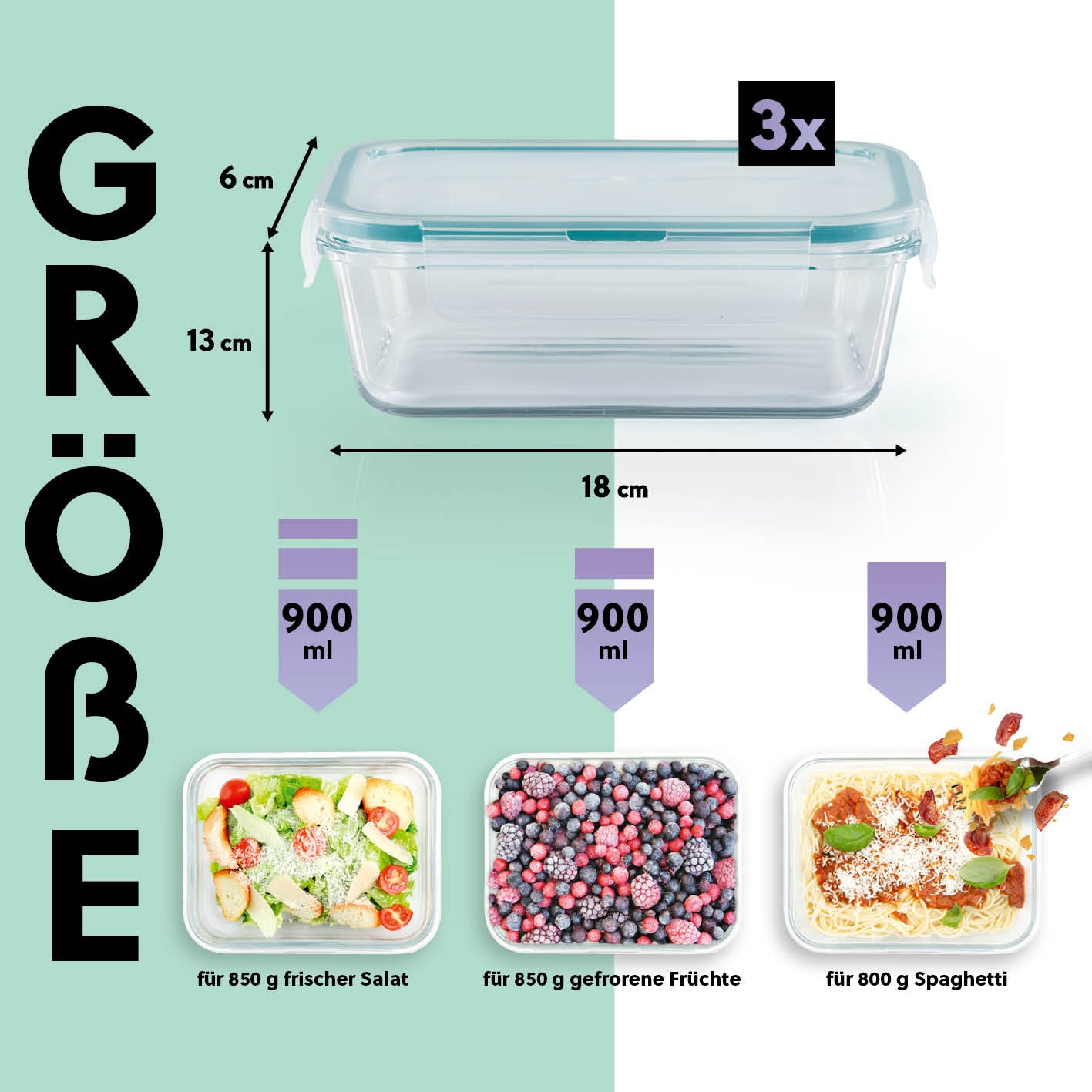 Frischhaltedosen Klick-it, 6-tlg., Mint – 3 luftdichte Glasdosen 900 ml, ideal für Salat, Früchte und Spaghetti, auslaufsicher, robust.