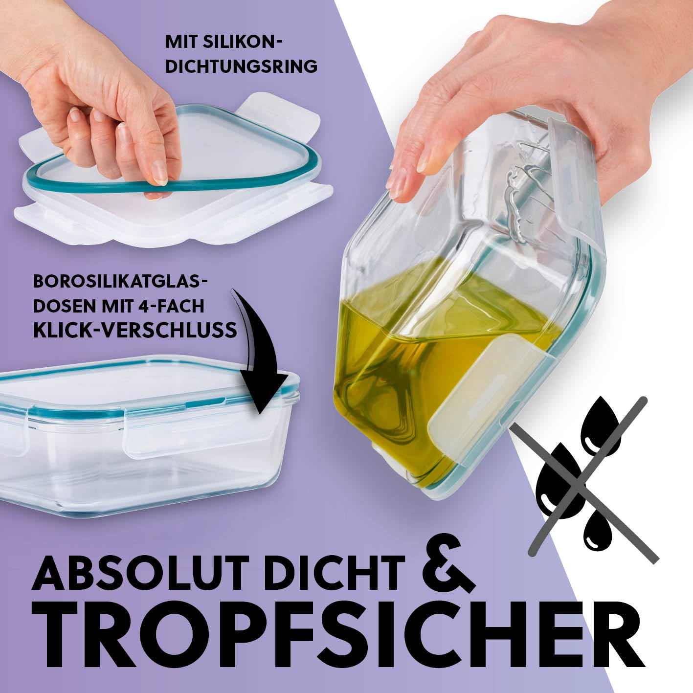Frischhaltedosen Klick-it, 6-tlg., Mint aus Borosilikatglas mit Silikon-Dichtungsring und 4-fach Klickverschluss, tropfsicher.