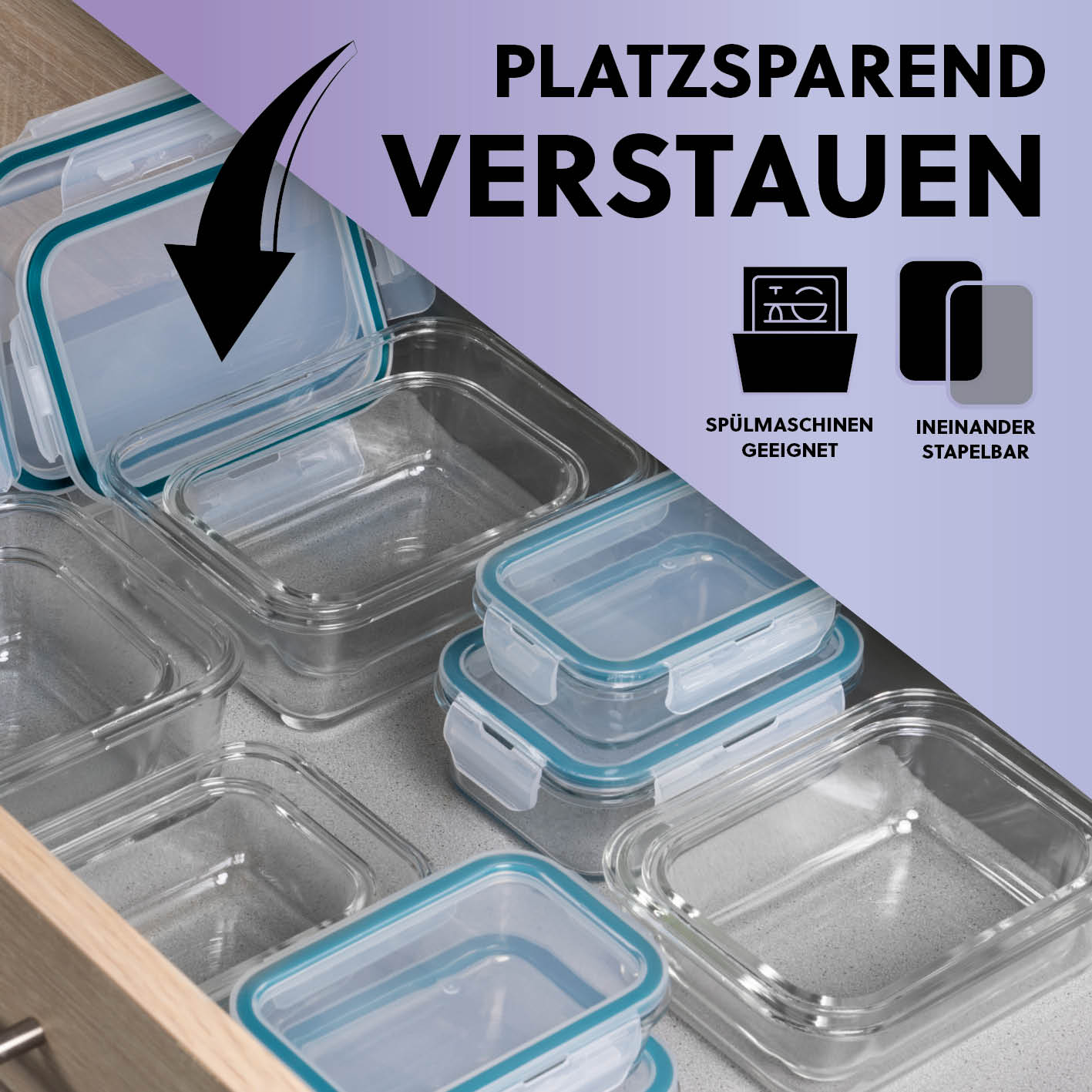 Frischhaltedosen Klick-it, 6-tlg., Mint – stapelbare, spülmaschinengeeignete Glasdosen mit Klick-Verschluss und luftdichtem Deckel.