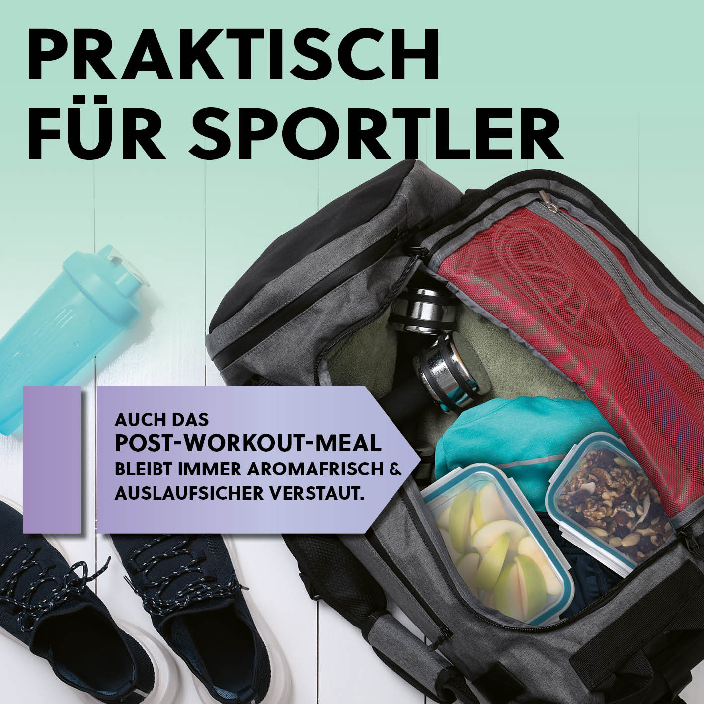 Frischhaltedosen Klick-it, 6-tlg., Mint – 3 luftdichte Glasdosen 900 ml, auslaufsicher, ideal für Sportler und unterwegs.