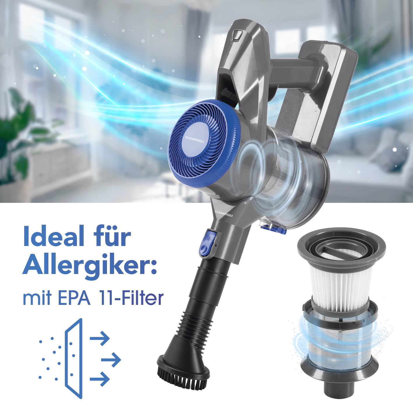 Akku-Hand- & Bodenstaubsauger - anthrazit/blau mit EPA 11-Filter, kabellos, Zyklonstaubsauger, Saugkraft-Regulierung, Wandhalterung.
