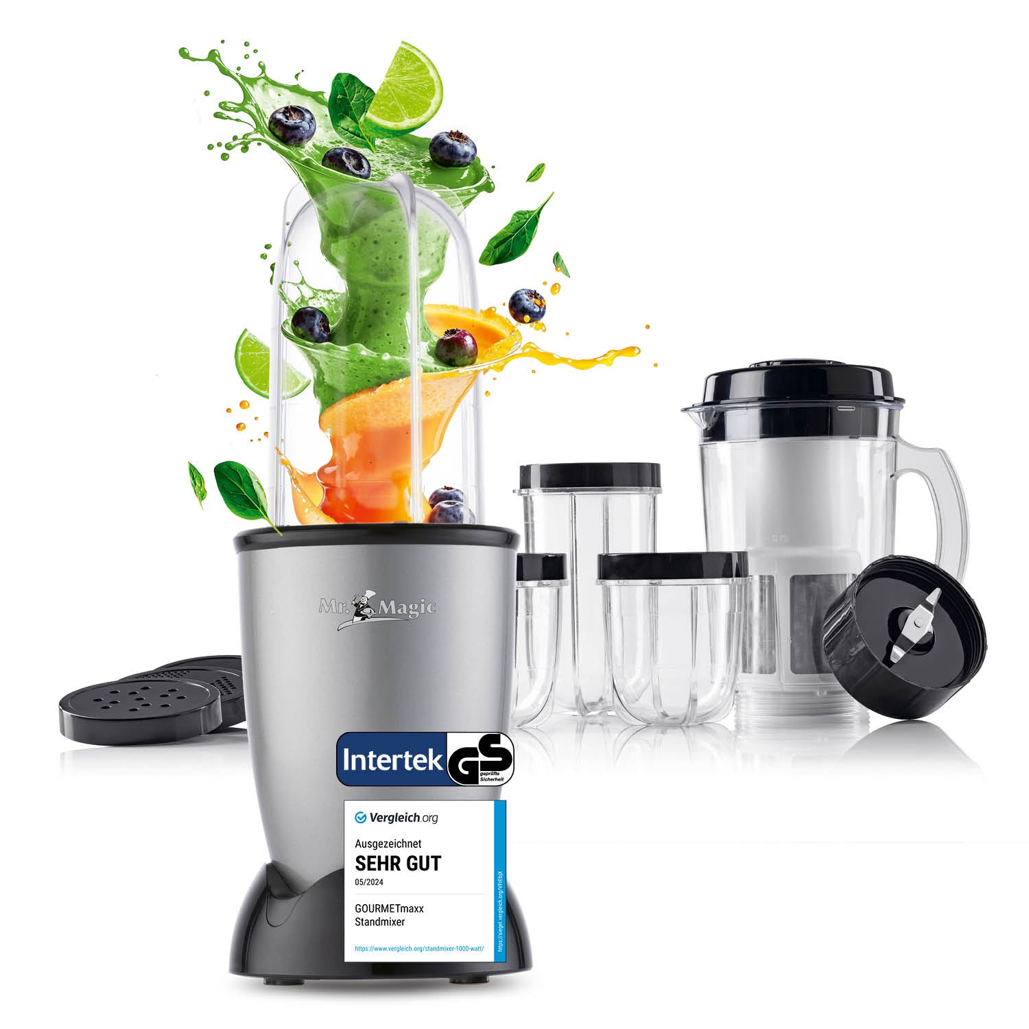 Mr. Magic Mixer - Silber/Schwarz mit 18-tlg. Set für schnelle Zubereitung von Smoothies, Shakes und mehr, 400W Motor, Edelstahlklingen.