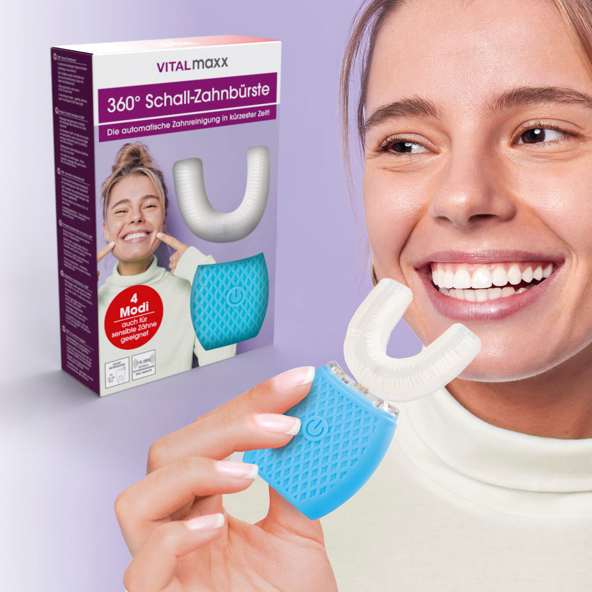 360° Schall-Zahnbürste mit LED-Blaulicht & Vibration in Anwendung mit blauem Griff und U-förmigem Bürstenkopf