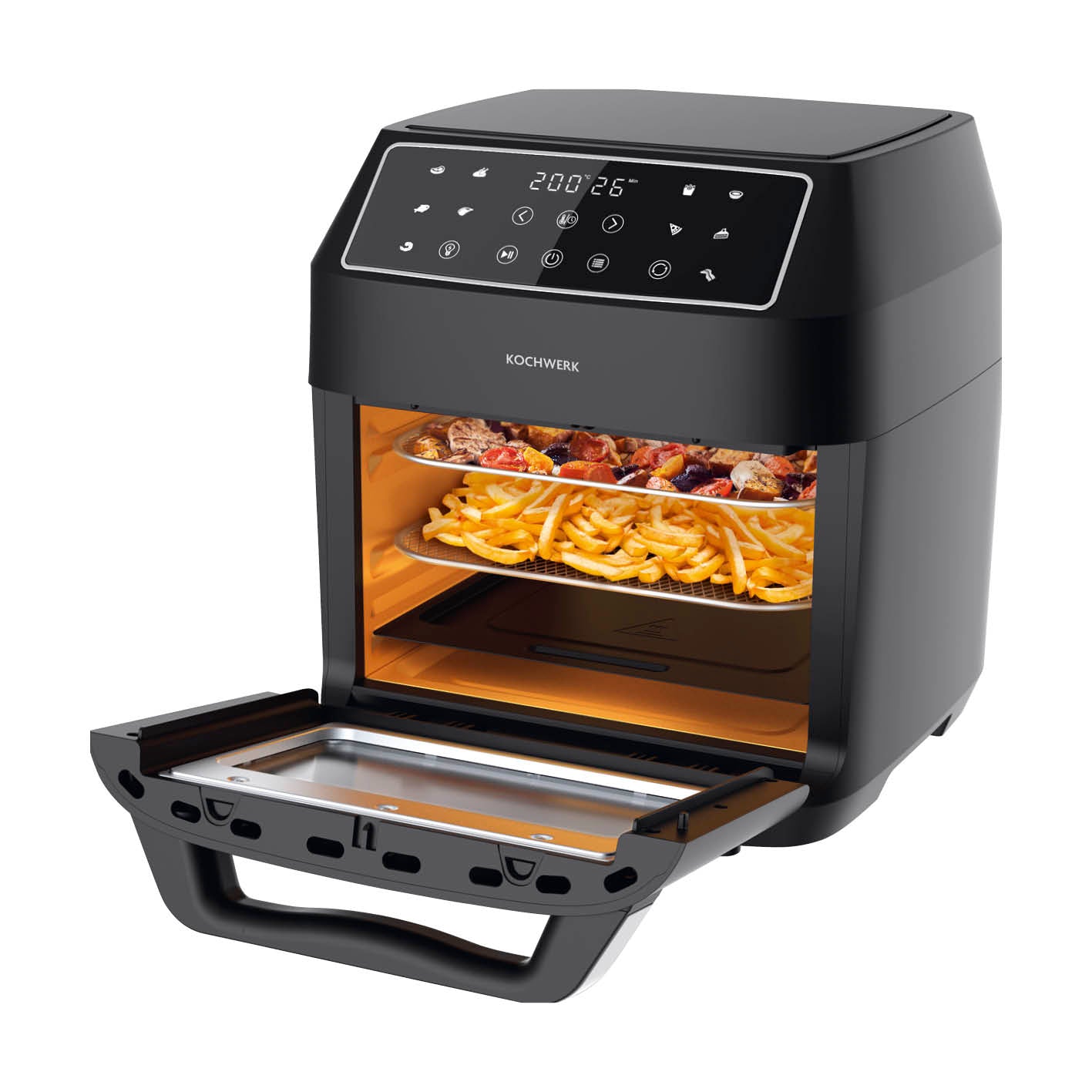 Heißluft-Ofen Digital 12l 1700W mit großem Fassungsvermögen und Touchdisplay, ideal zum Frittieren, Grillen und Backen.