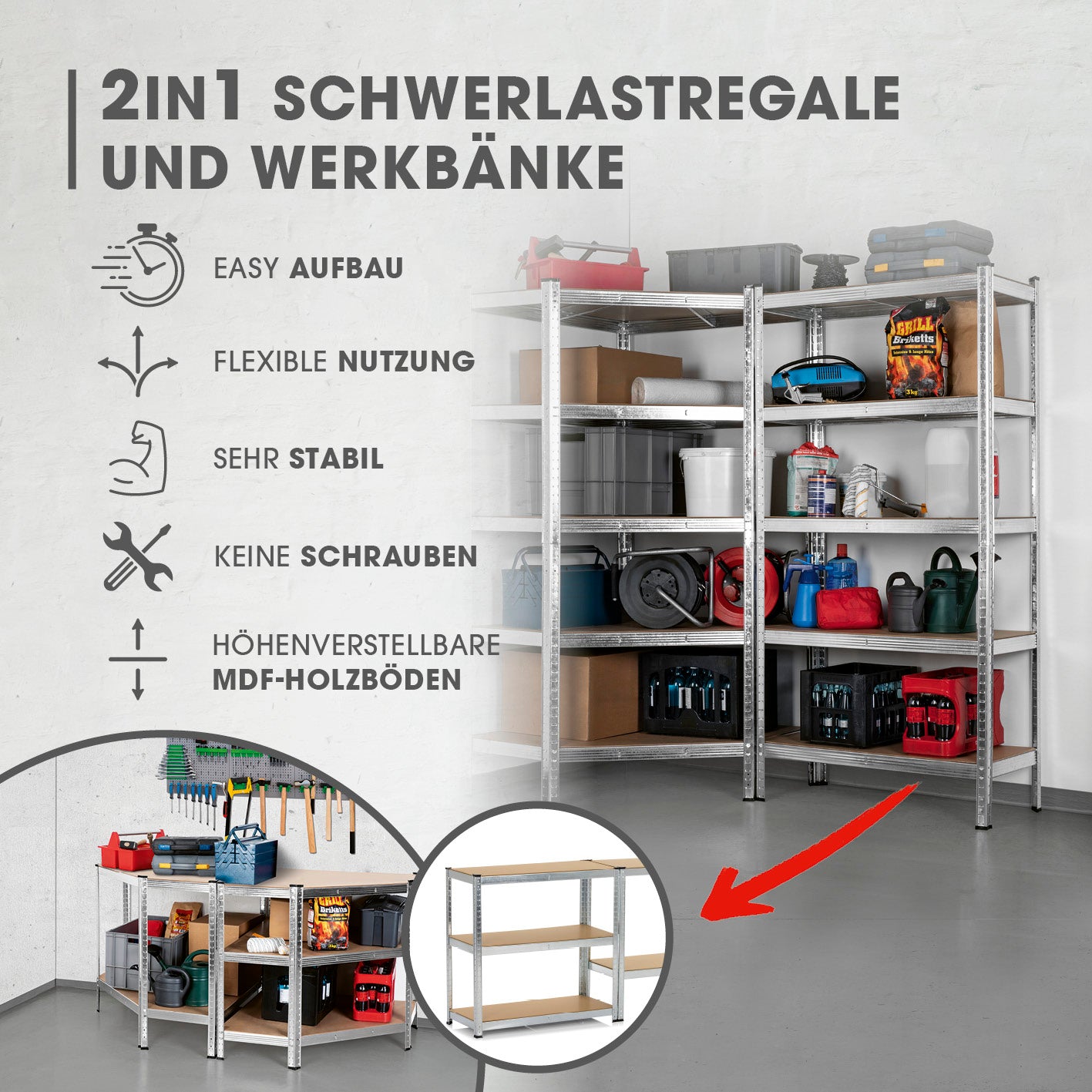 Schwerlastregal & Werkbank - 3er-Set - 2625 kg Traglast, 175 kg pro Ebene & 15 Ebenen