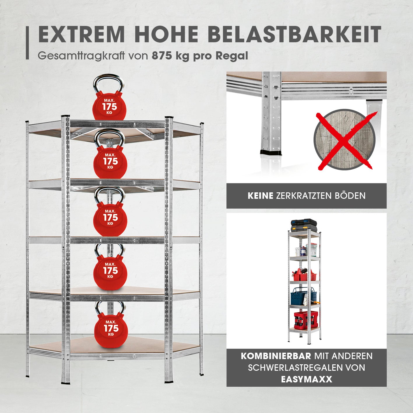 Schwerlastregal & Werkbank - 3er-Set - 2625 kg Traglast, 175 kg pro Ebene & 15 Ebenen