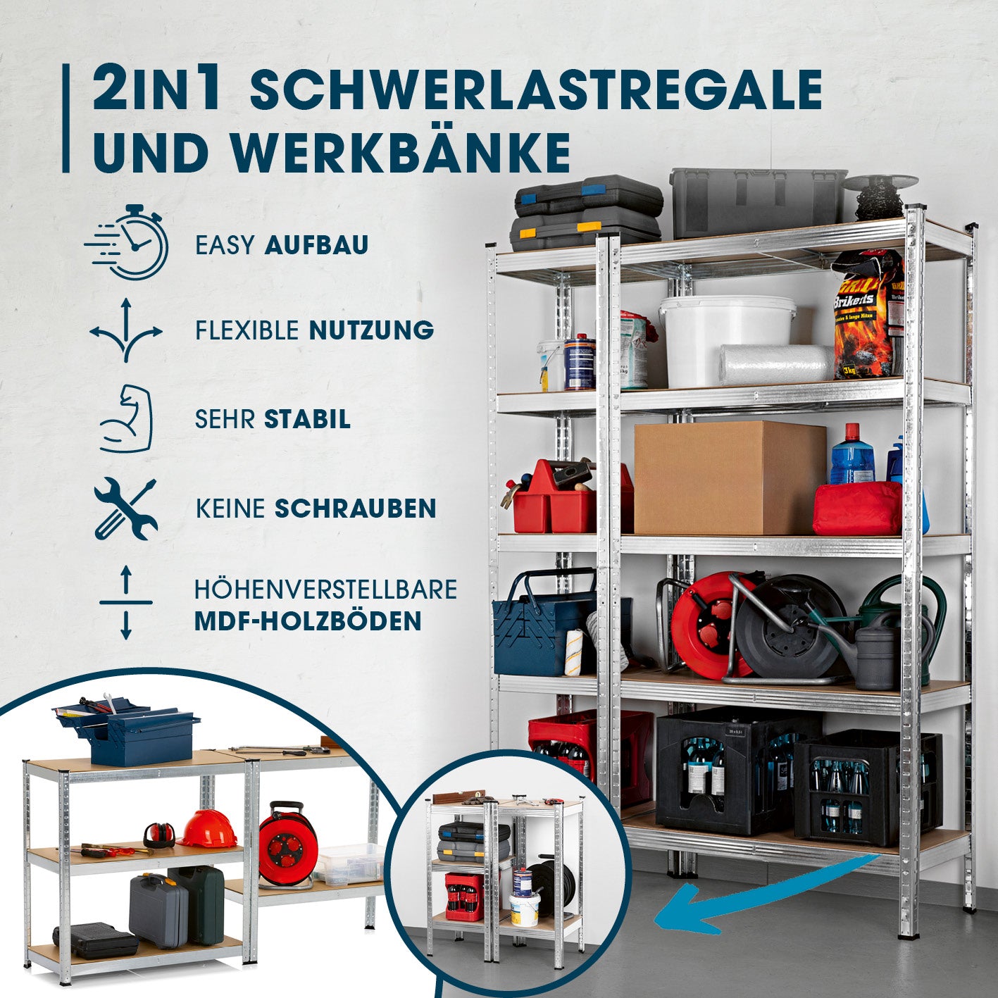 Schwerlastregal & Werkbank 2er-Set - 1750 kg Traglast, 175 kg pro Ebene - TÜV-geprüft