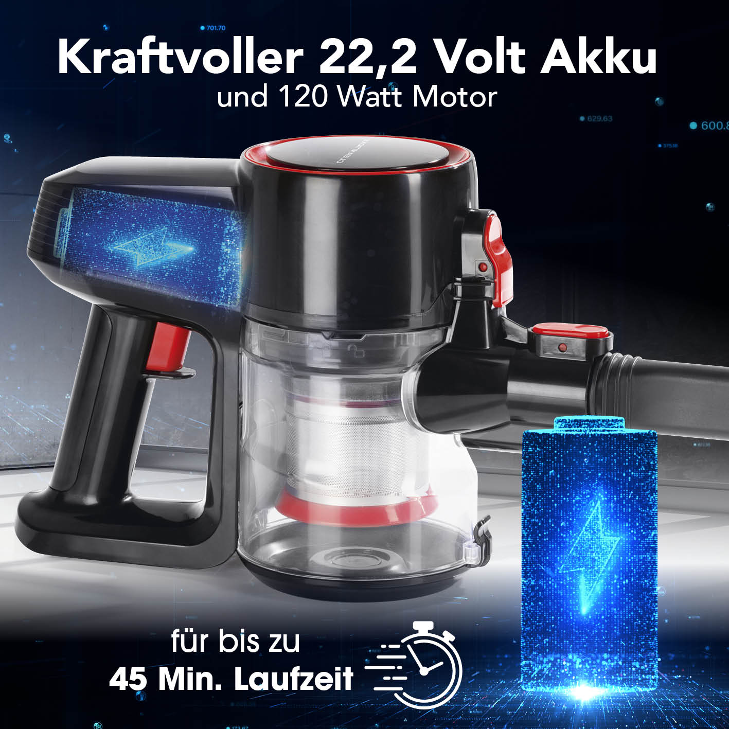 Akku-Zyklon-Staubsauger mit elektr. Bodendüse