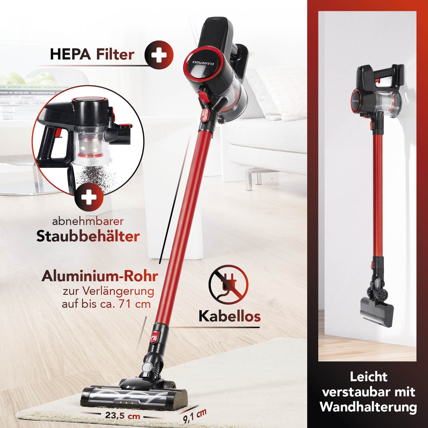 Akku-Zyklon-Staubsauger mit elektr. Bodendüse