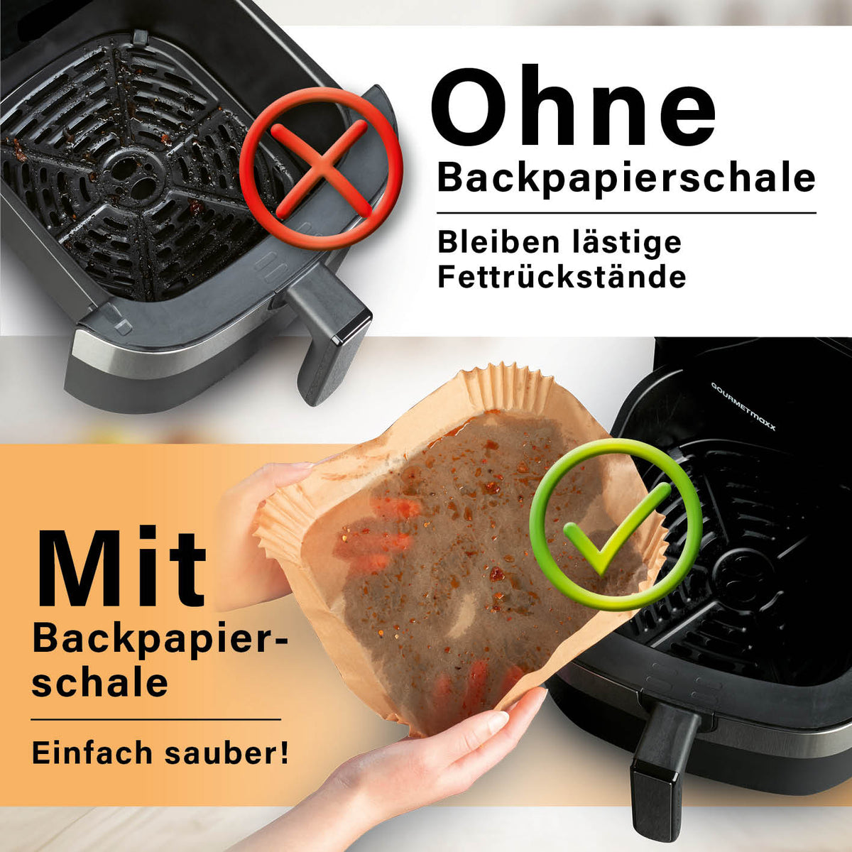 Backpapier-Schalen für Heißluft-Fritteusen - 200er-Set - 23 x 23 x 4,5 cm im Vergleich mit und ohne Schale